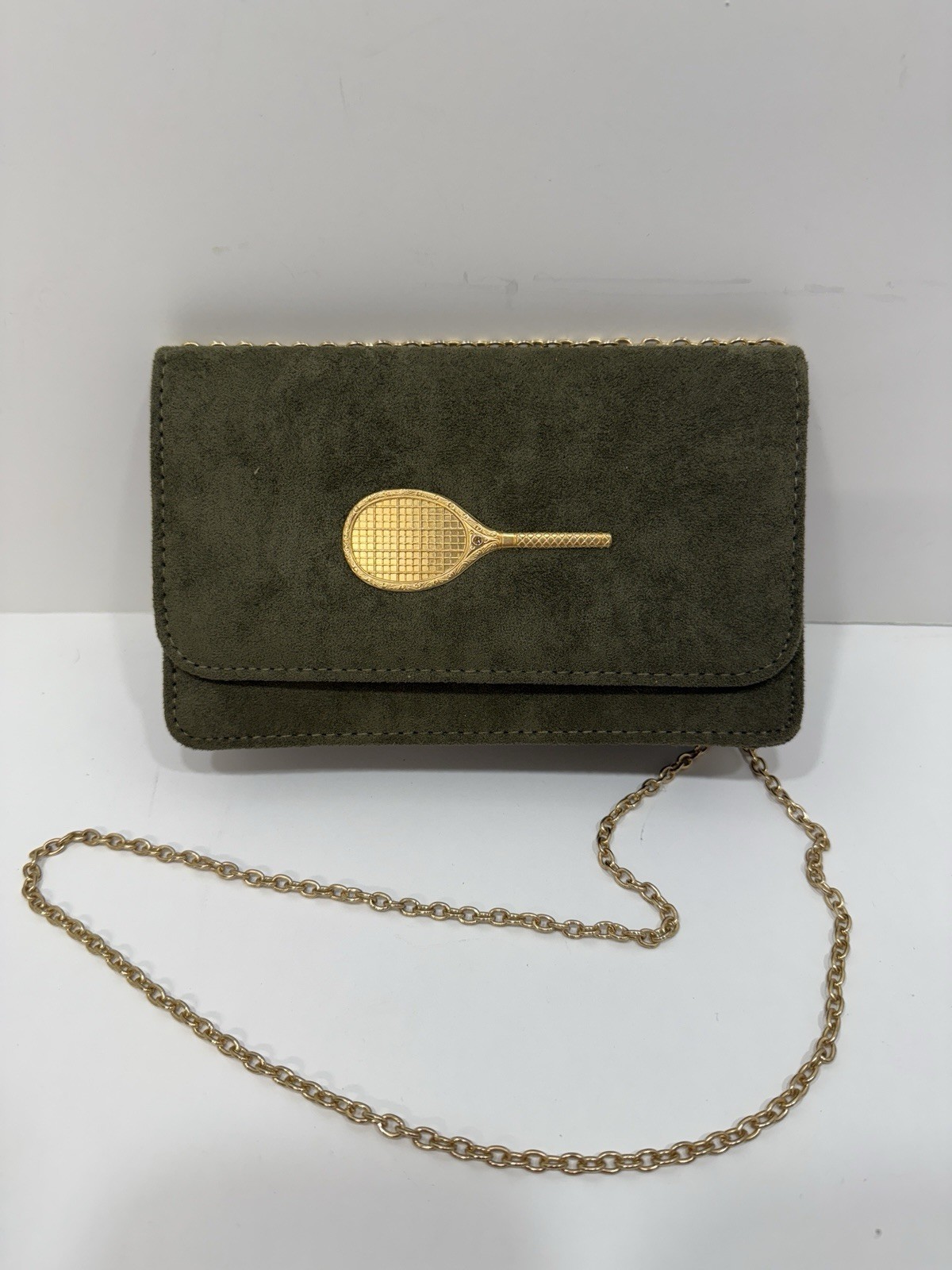 Lisi Lerch Suede Small Flap Crossbody Bag Purse/Clutch w/ Tennis Racquet Green