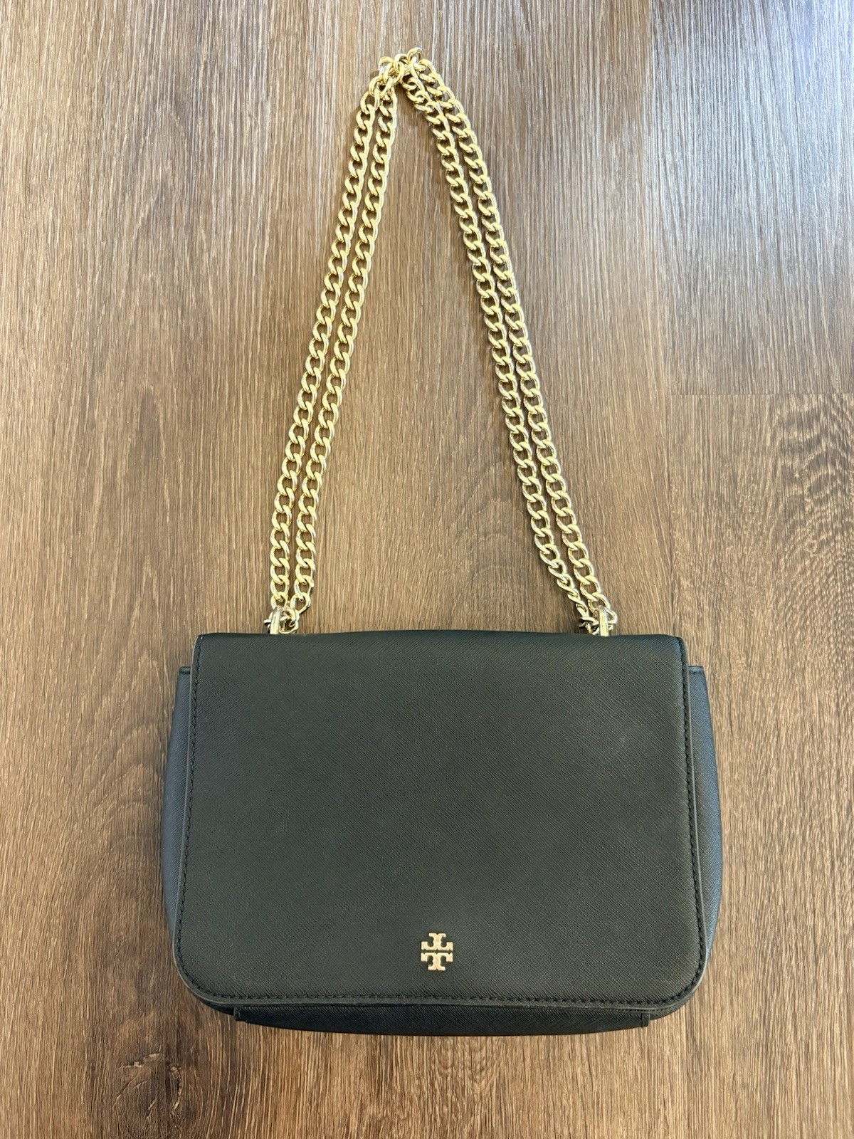 Tory Burch Black Leather Shoulder Crossbody Bag Gold Luxury Classic Designer