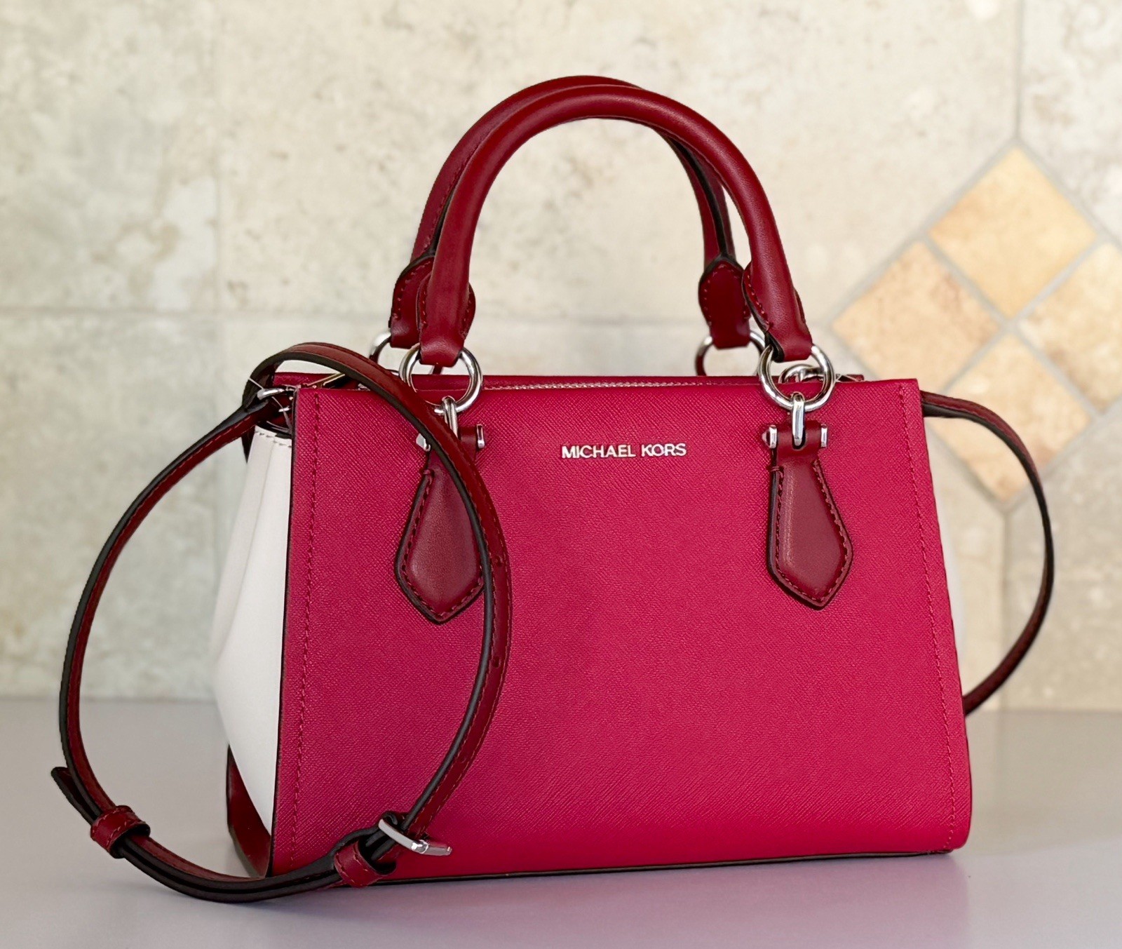 Michael Kors Marilyn Small Satchel Shoulder Bag Color-Block Dark Raspberry Multi