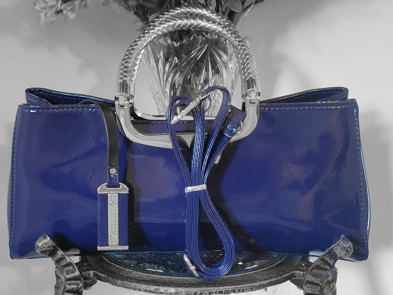 Elegant Patent Leather Bag/Crossbody Purse Glossy Royal Blue Gold Accent PU New