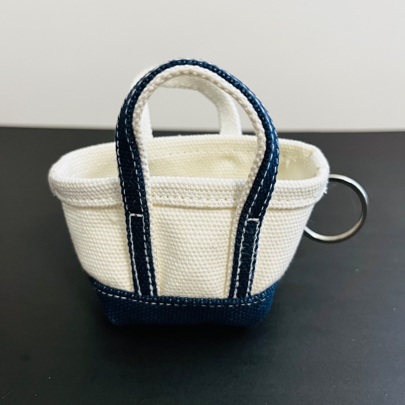 Lands End Micro Canvas Tote Bag Key Chain Bag Charm Navy Blue & Off White