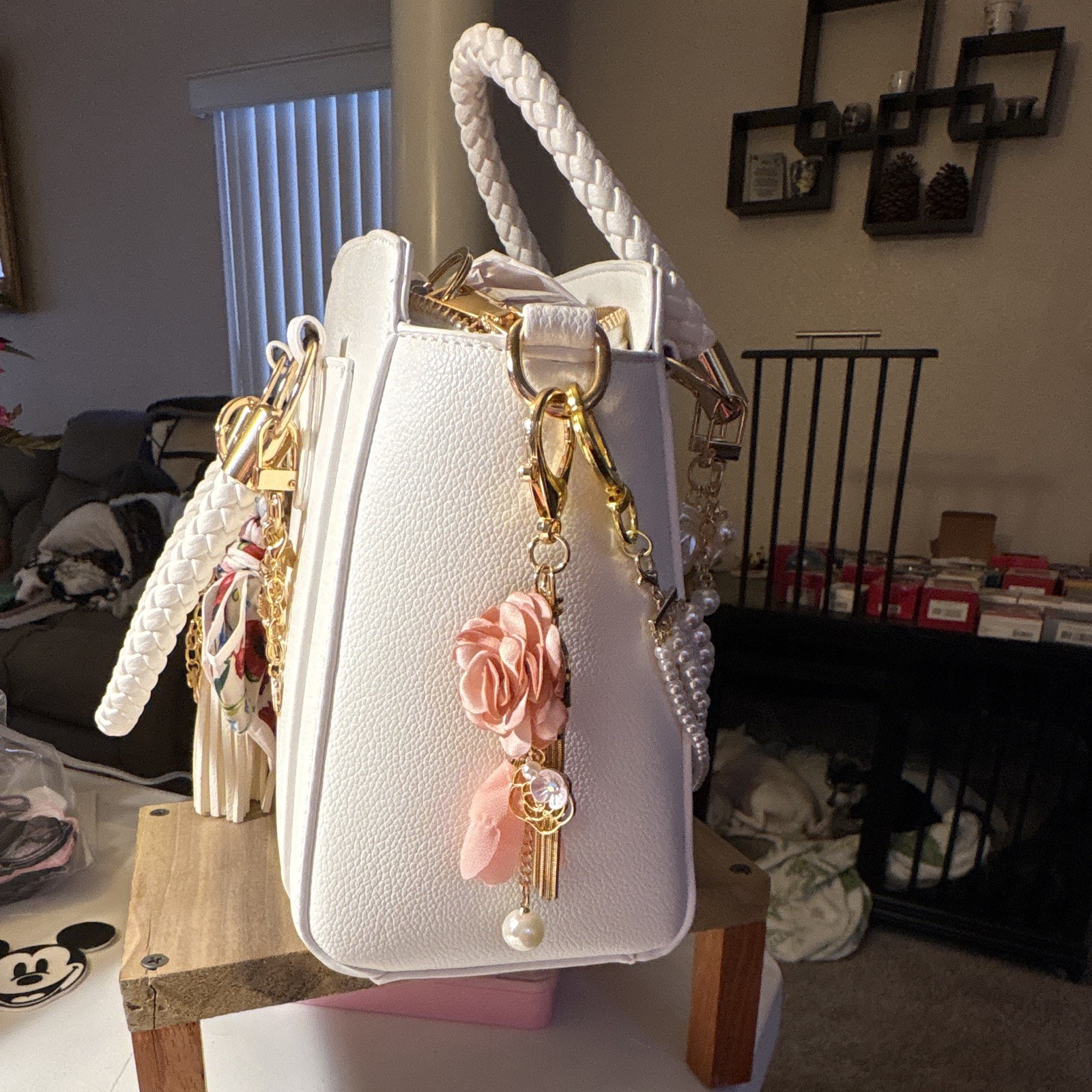 White Pebbled Satchel Top Handle Zip, Gold Hardware Pearl Chain Charm Strap, Med