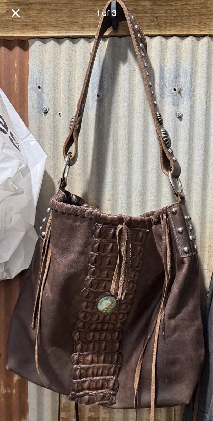 WhiskeyLee Designs Women’s Brown Hobo Bag Drawstring Studded Fringe Braided