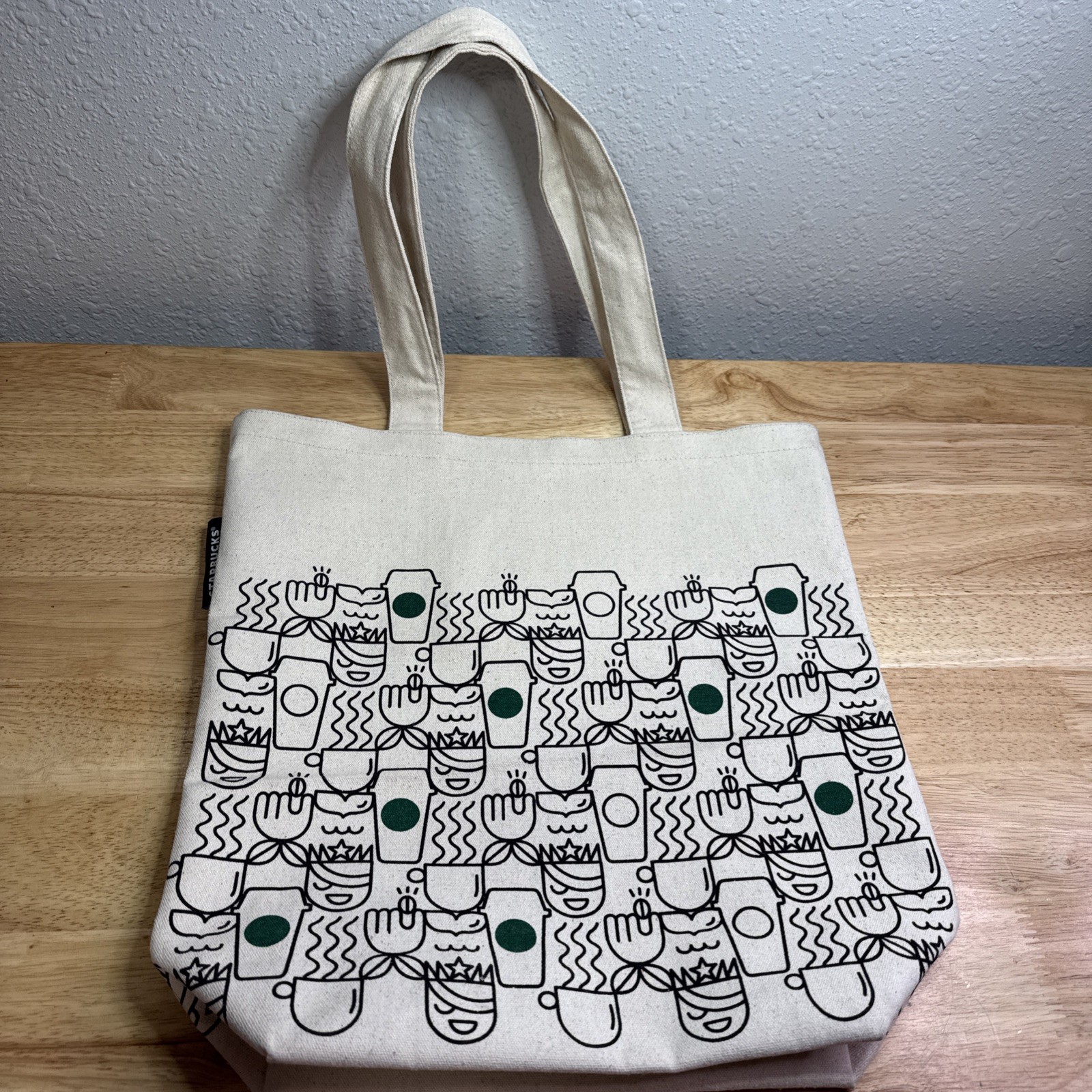 Starbucks Tote Bag Cream Green Doodle Coffee Cup Print Canvas Reusable Shopper