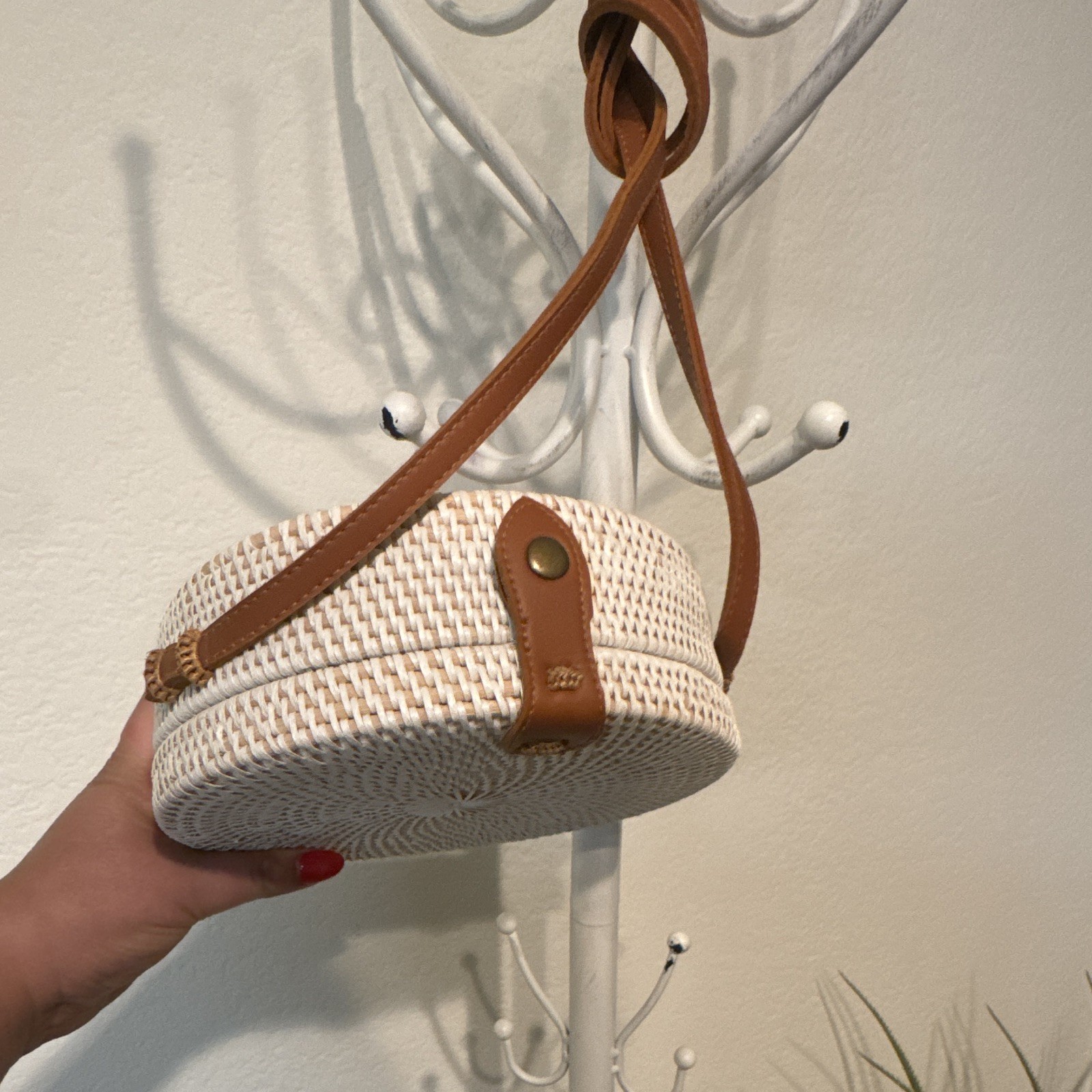 White Round Woven Crossbody Bag Brown Leather Strap Snap Closure Gold Hardware