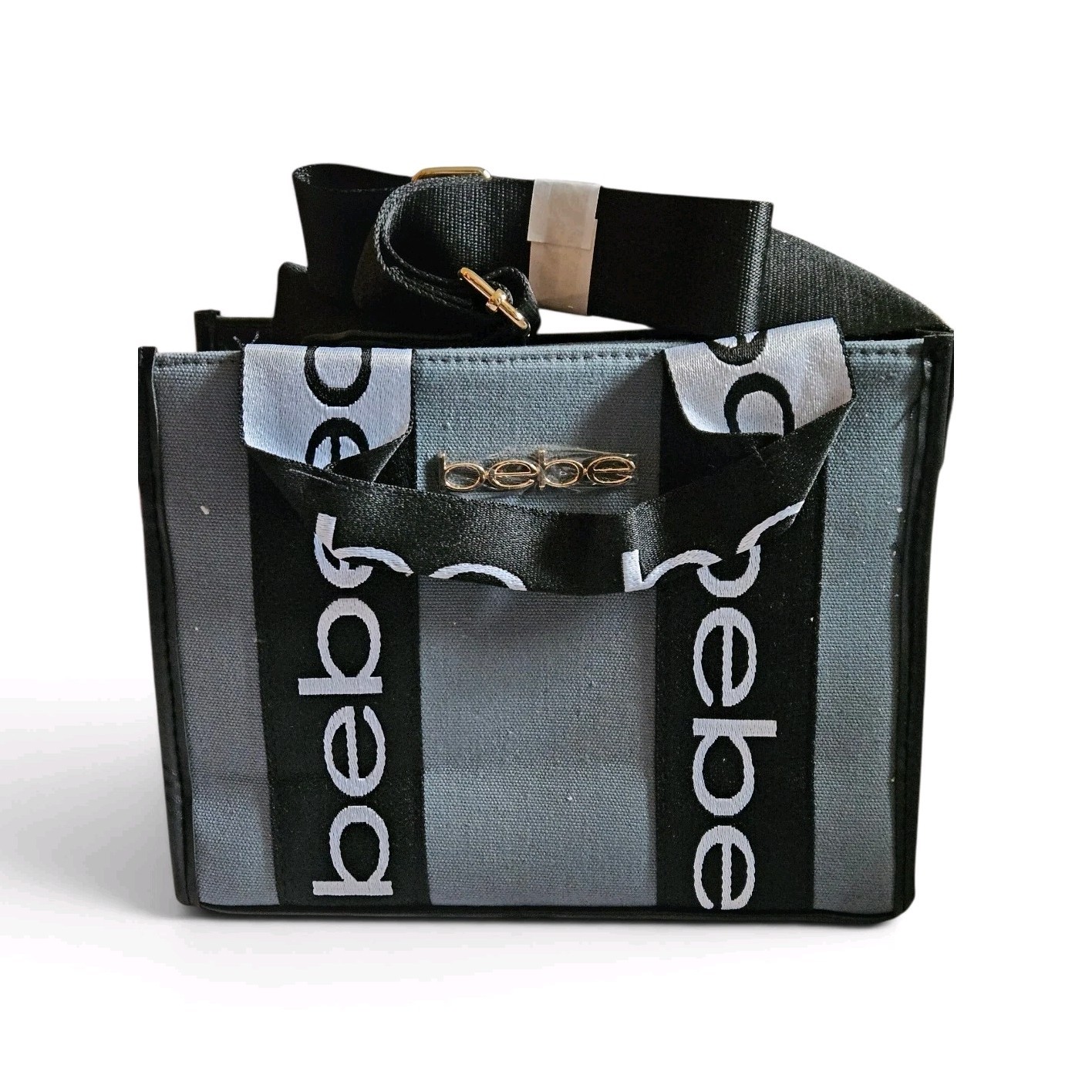 bebe Gray Black Logo Tote Bag Open Top w/ Detachable Crossbody Strap Gold