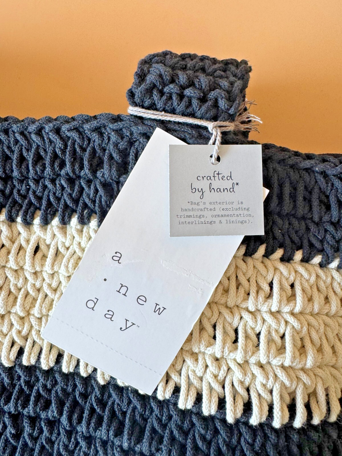 A New Day Black White Handcrafted Woven Tote Bag Crochet Stripe NWT Beach Market