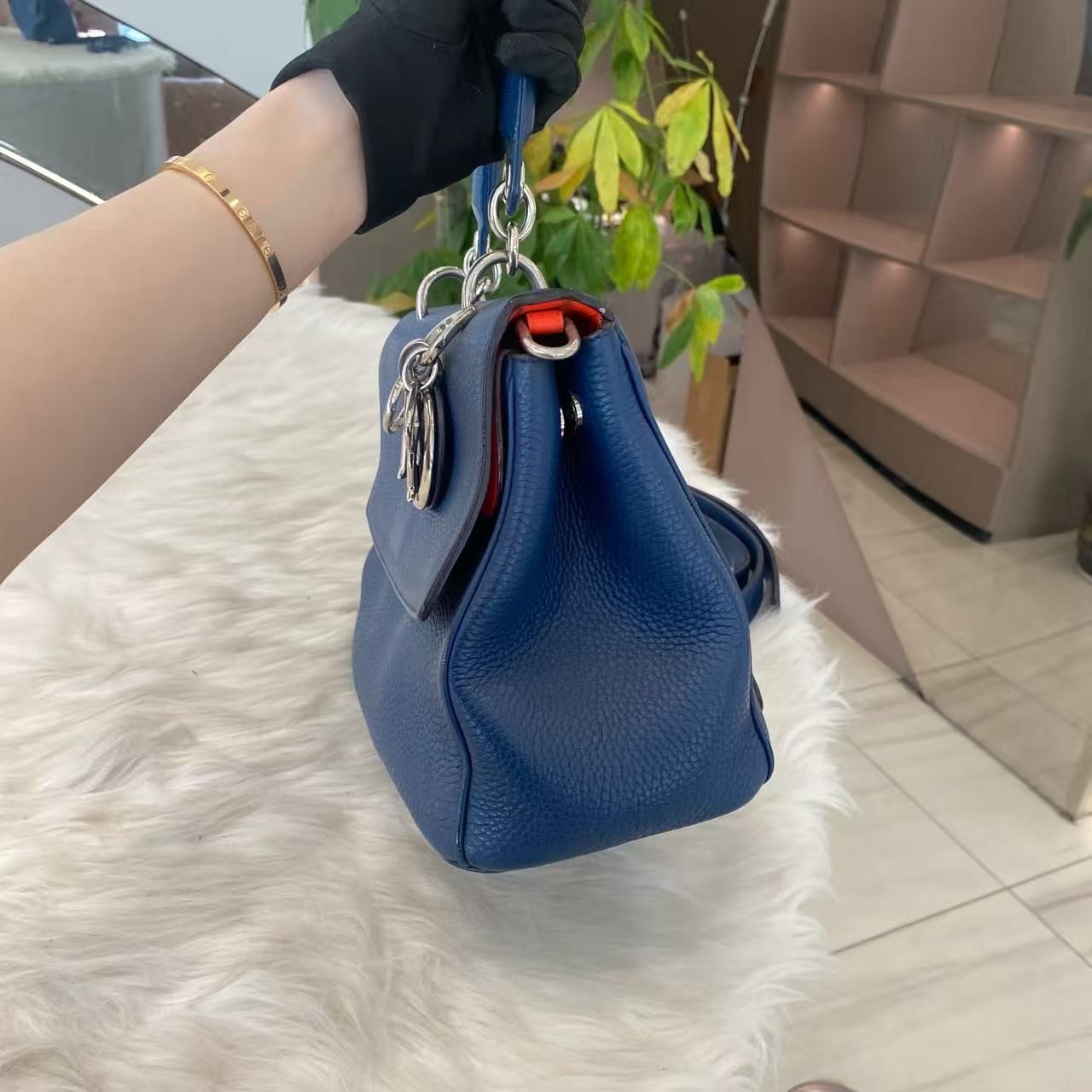 Christian Dior Blue Leather Satchel Handbag 28cm Auth Pre-owned