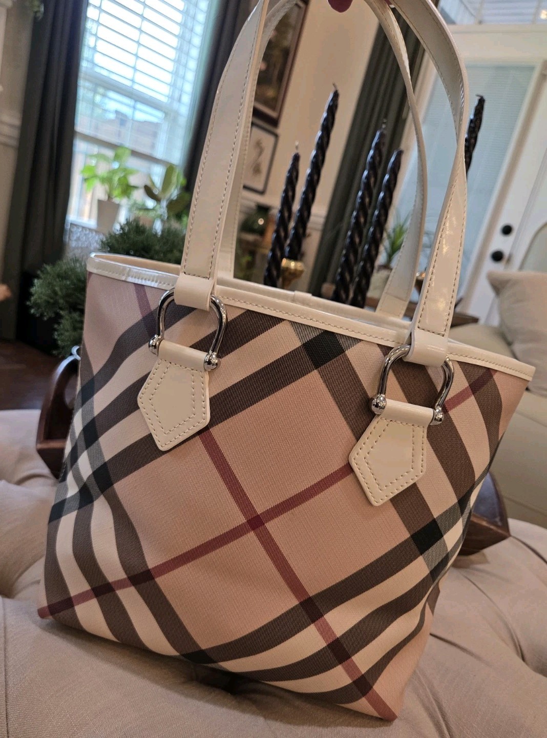 Burberry Supernova Check Open Top Tote Bag Coated Canvas Purse Leather Trim