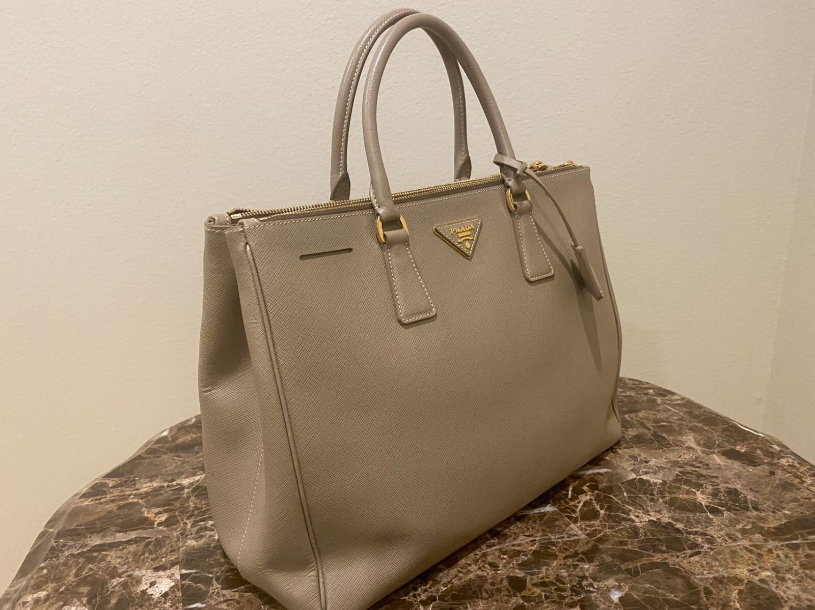 Prada Lux Double-Zip Galleria Saffiano Leather Large Beige Tote Bag