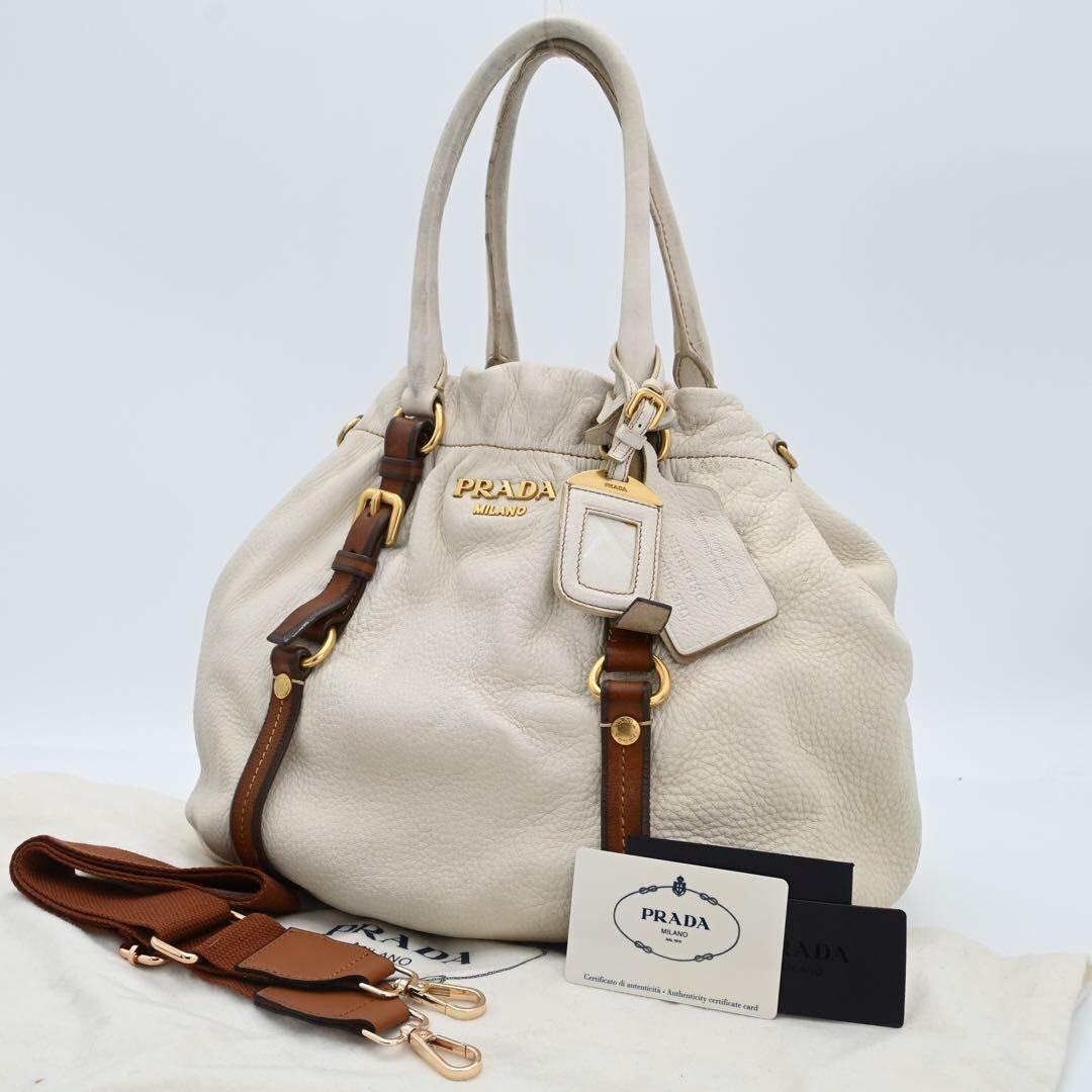 PRADA White Leather 2Way Handbag Shoulder Bag Gold Logo Charm 32cm Authentic