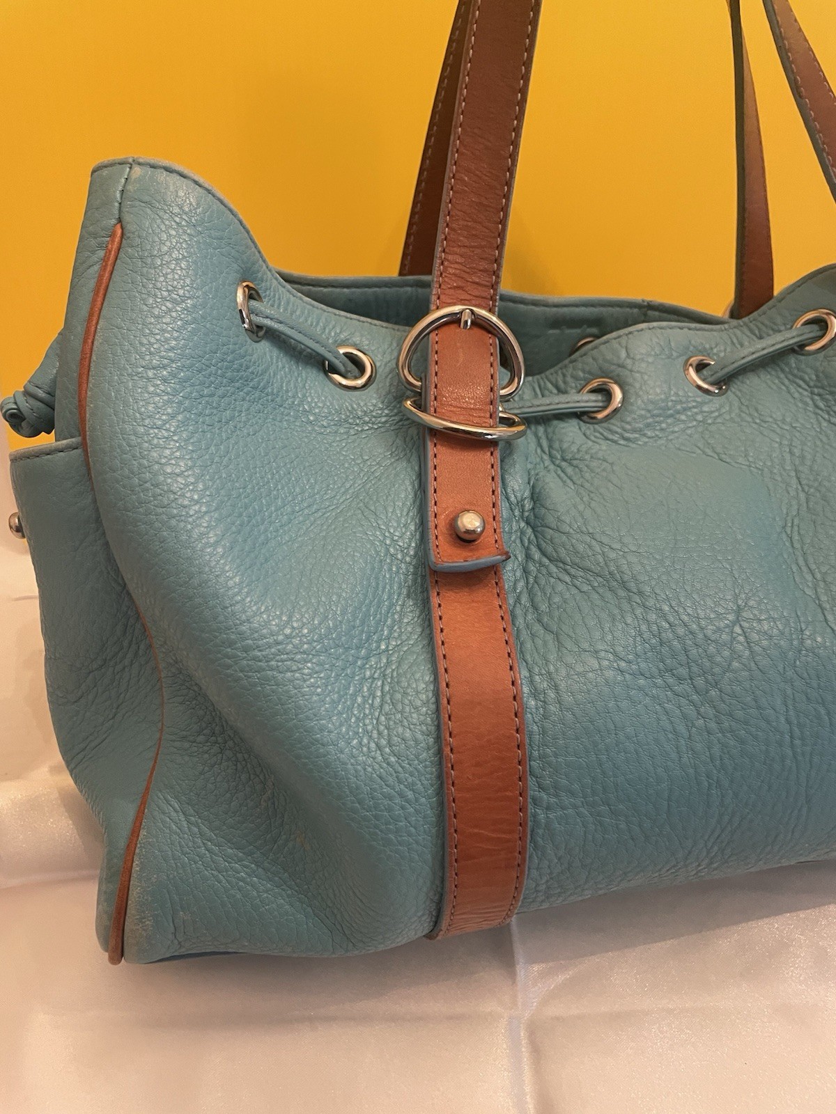 VTG Kenneth Cole Turquoise/Ocean Color Leather Double Strap Hand Shoulder Purse