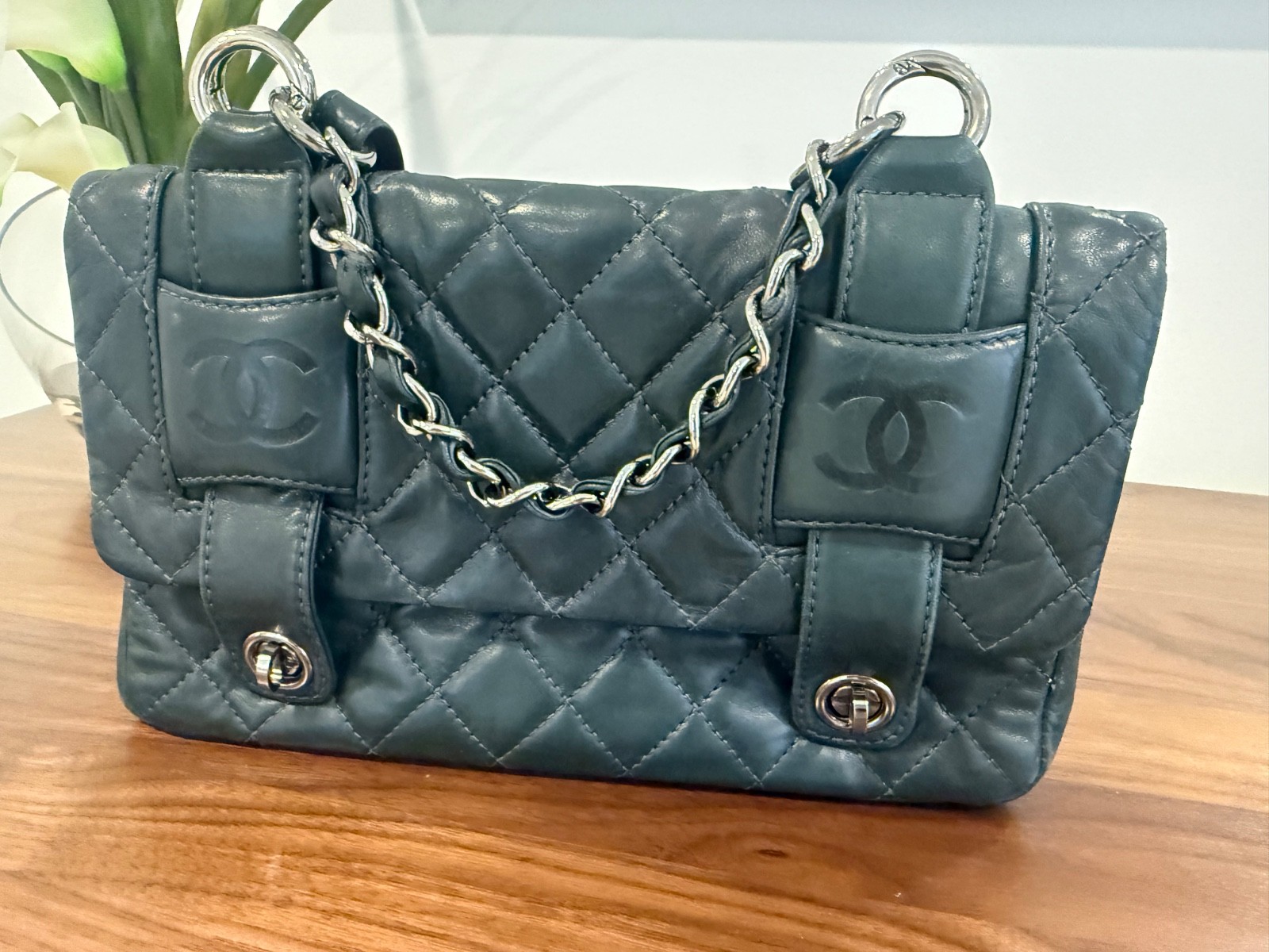 Authentic Chanel In the Mixing Messenger Bag Quilted Lambskin, Med, Green Slate