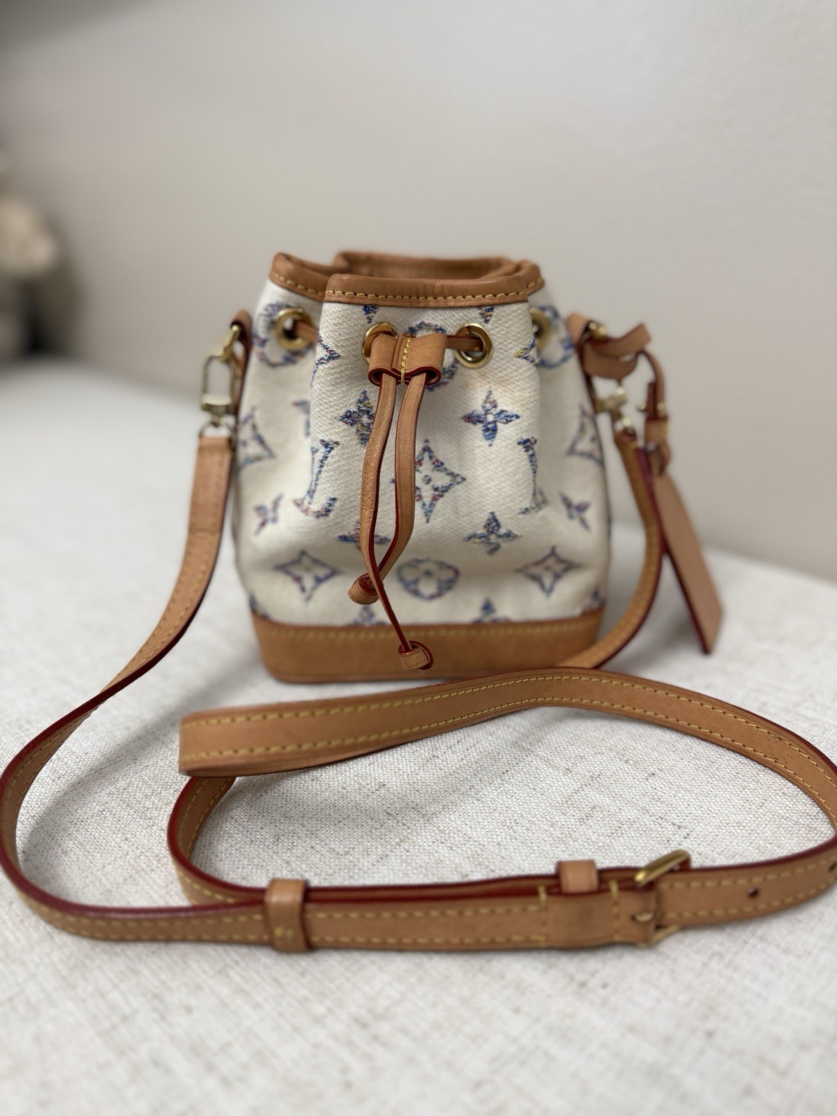 Louis Vuitton Nano Noé Multicolor Denim Embroidered Bucket Bag Mirror Tag