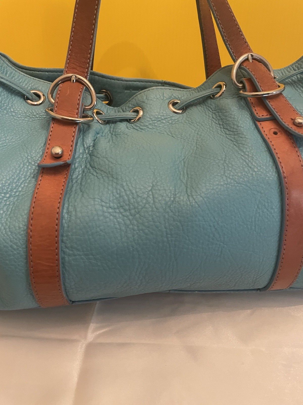 VTG Kenneth Cole Turquoise/Ocean Color Leather Double Strap Hand Shoulder Purse