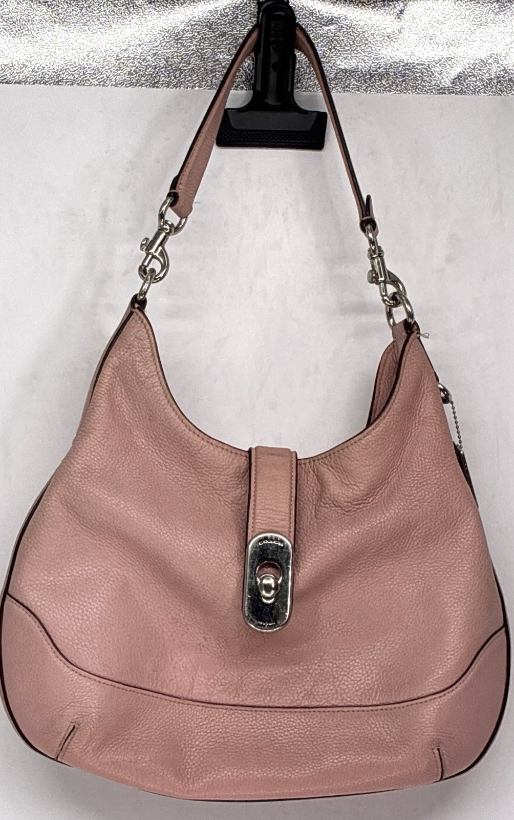 COACH Amber Pebble Leather F48635 Hobo Petal Pink Silver Turnlock Shoulder Bag