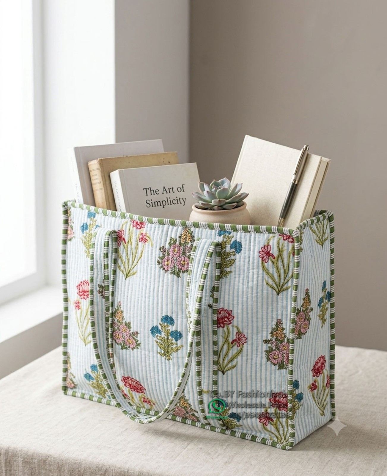 Handmade EcoFriendly Quilted Cotton Market Bag Beach Tote Bag hand block bag Art