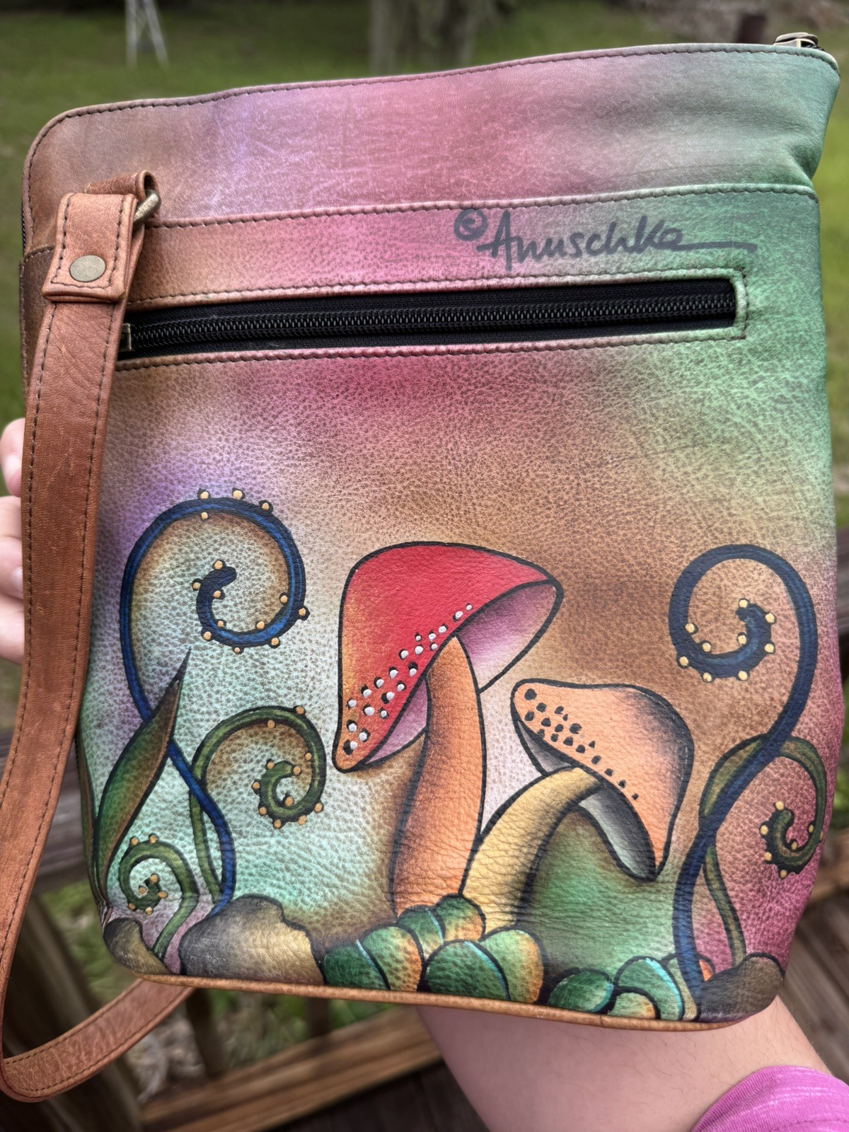 Anuschka Handpainted Leather Slim Crossbody Bag Whimsical Fairy Forest/Mushroom