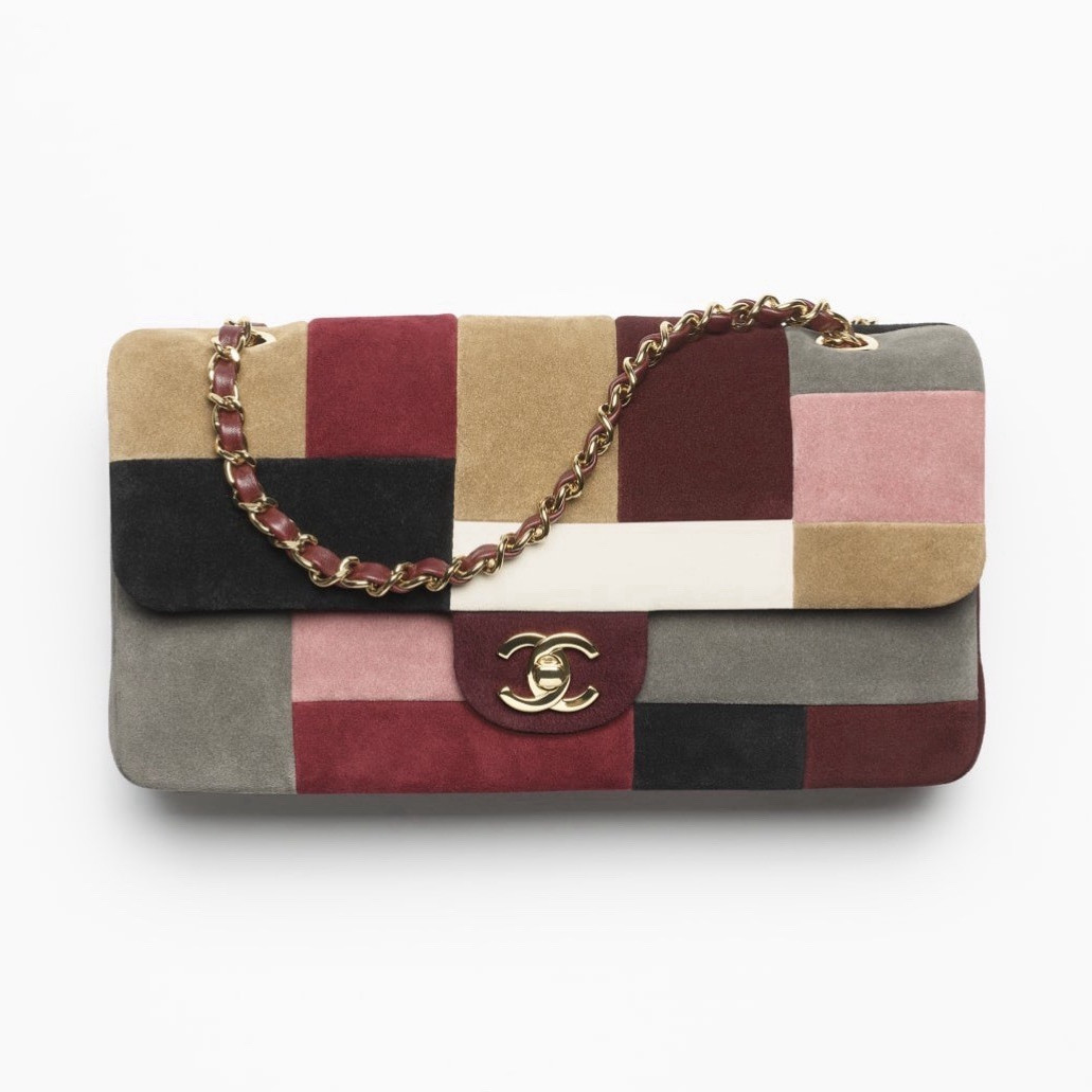 CHANEL 26B Suede Patchwork Multicolor Flap Bag with Gold Chain Strap