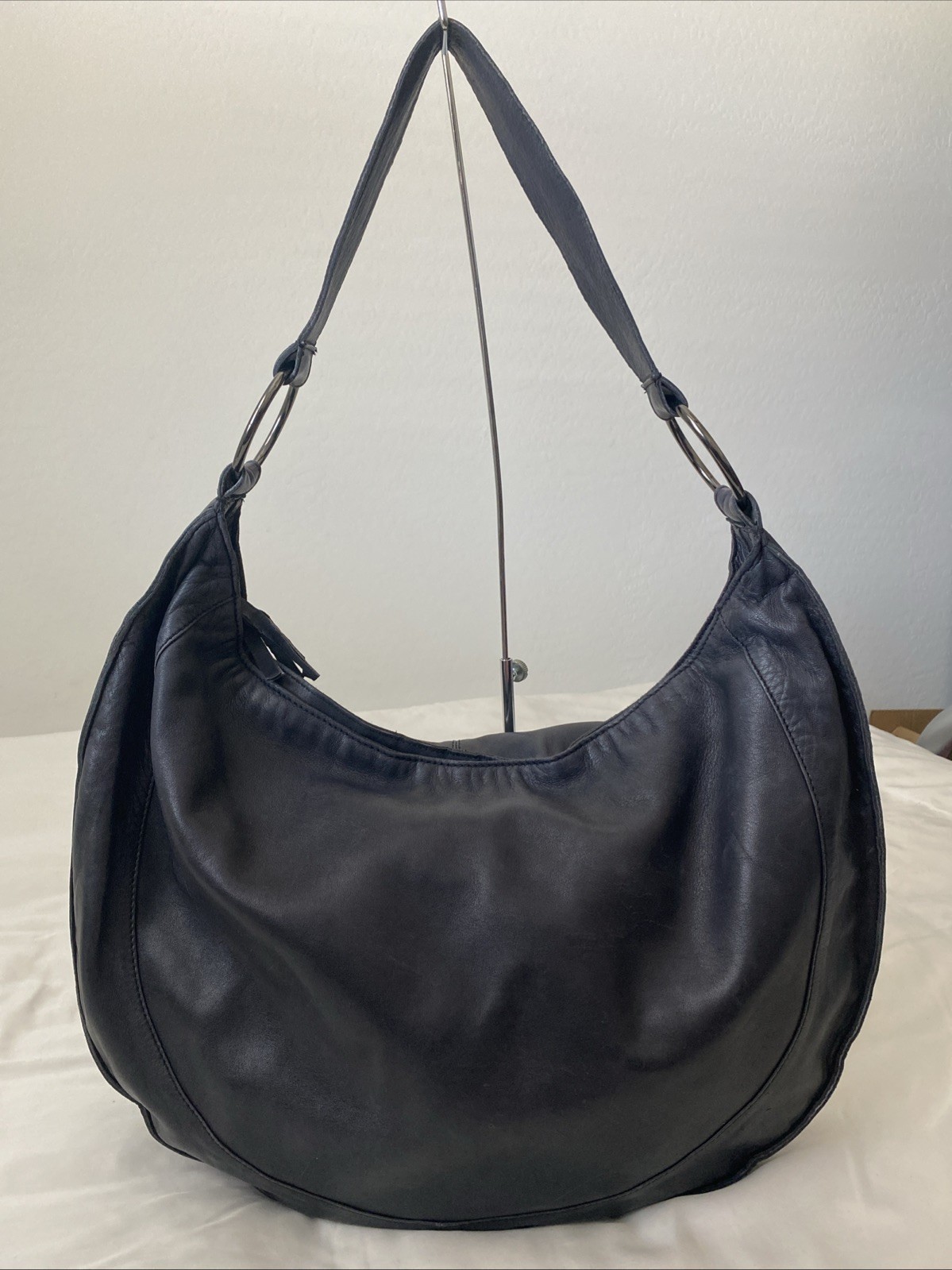 by Anthropologie XL Black Genuine Sheep Leather Hobo Shoulder Bag Boho Slouchy