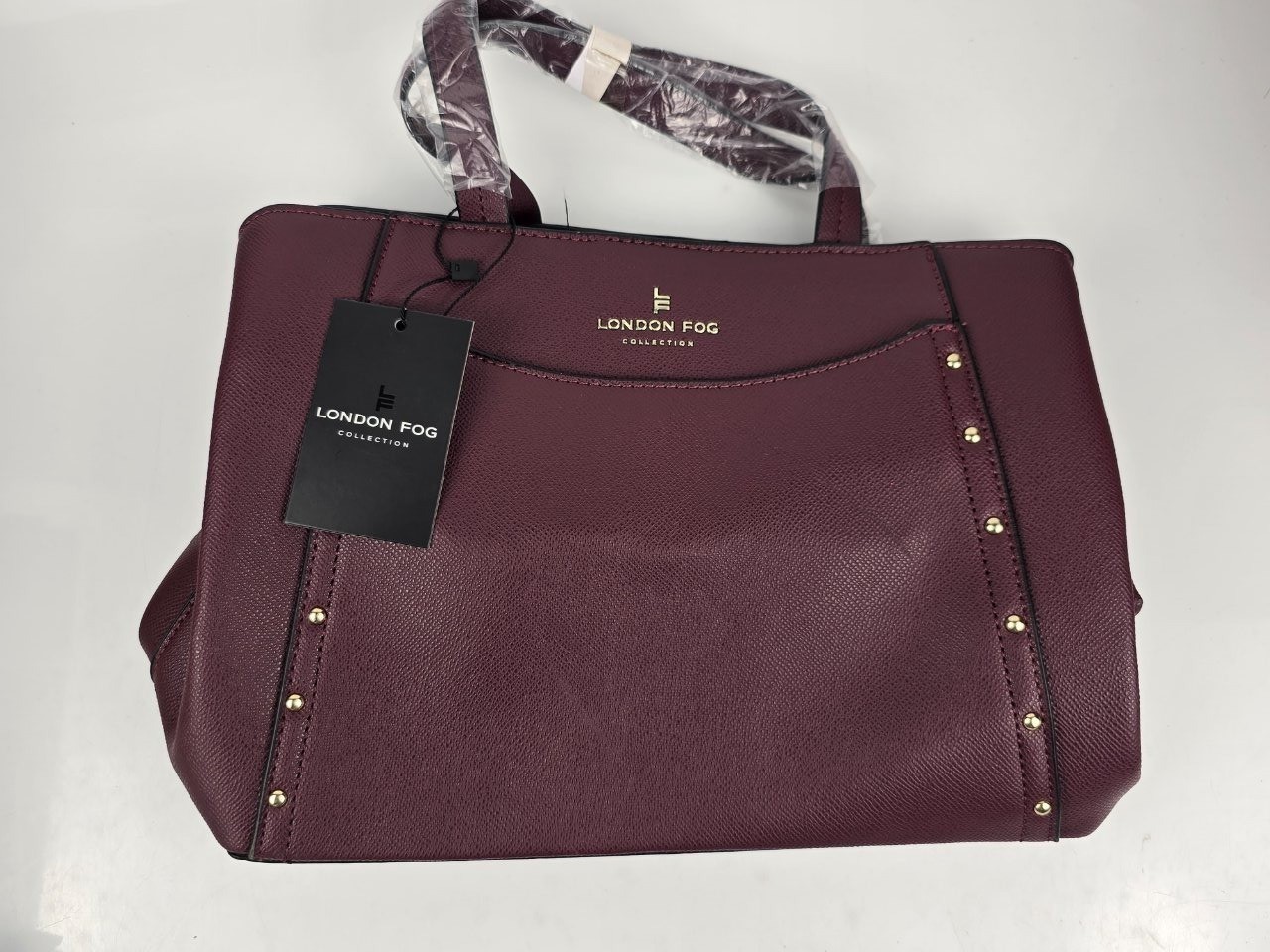 London Fog Collection Satchel Tote Bag Burgundy Textured Faux Leather Studded