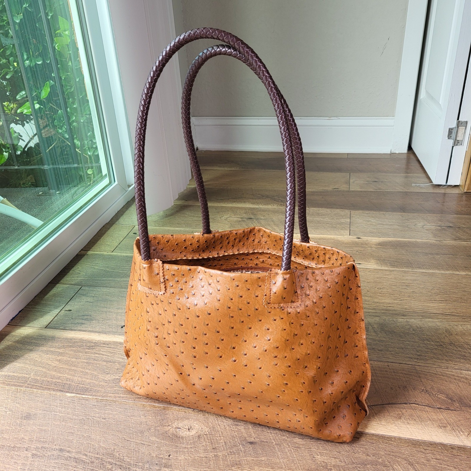Cognac Ostrich Embossed Tote Bag Leopard Print Lining Braid Straps Brown Handbag