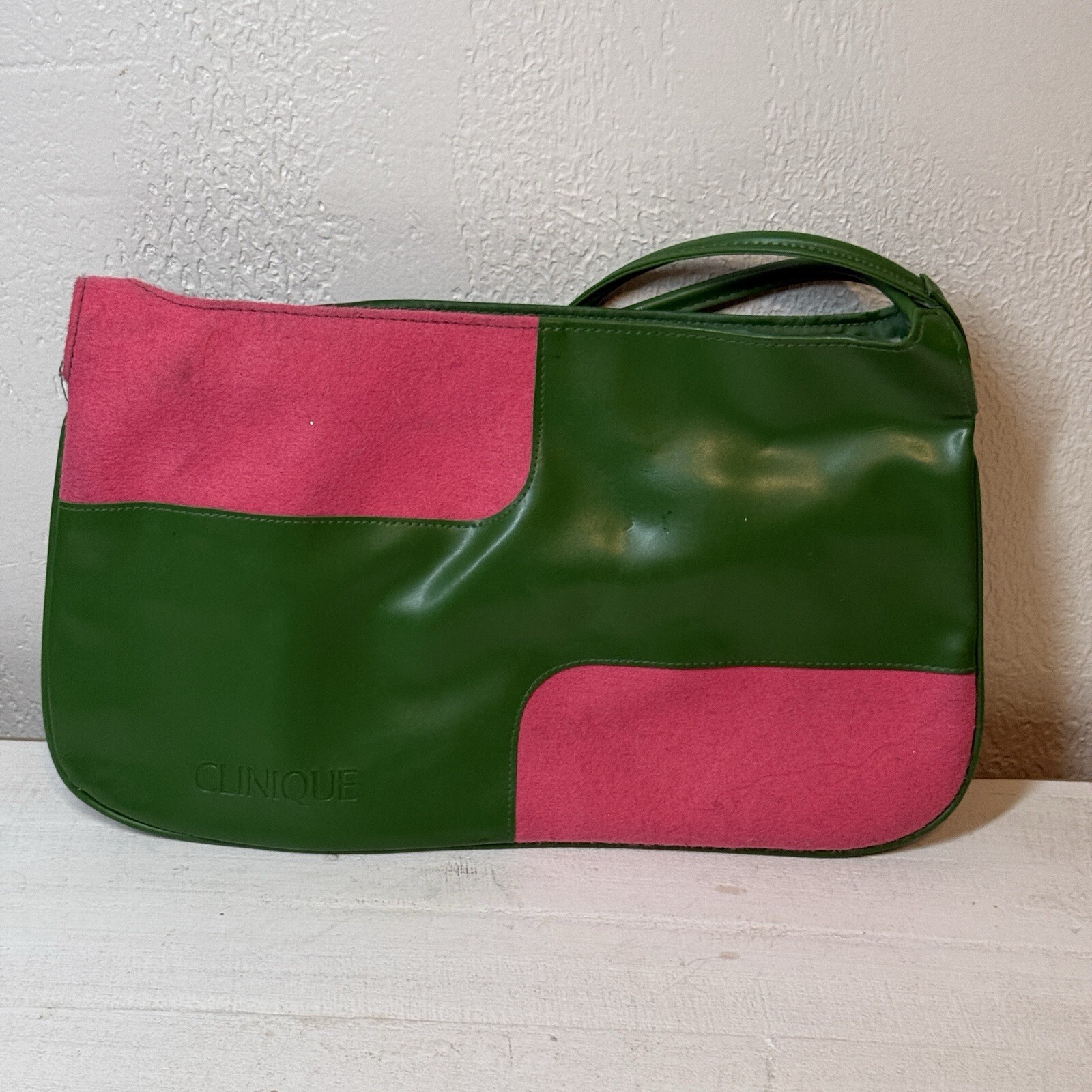 Clinique Shoulder Bag Style Pink & Green Open Top Felt & Vinyl
