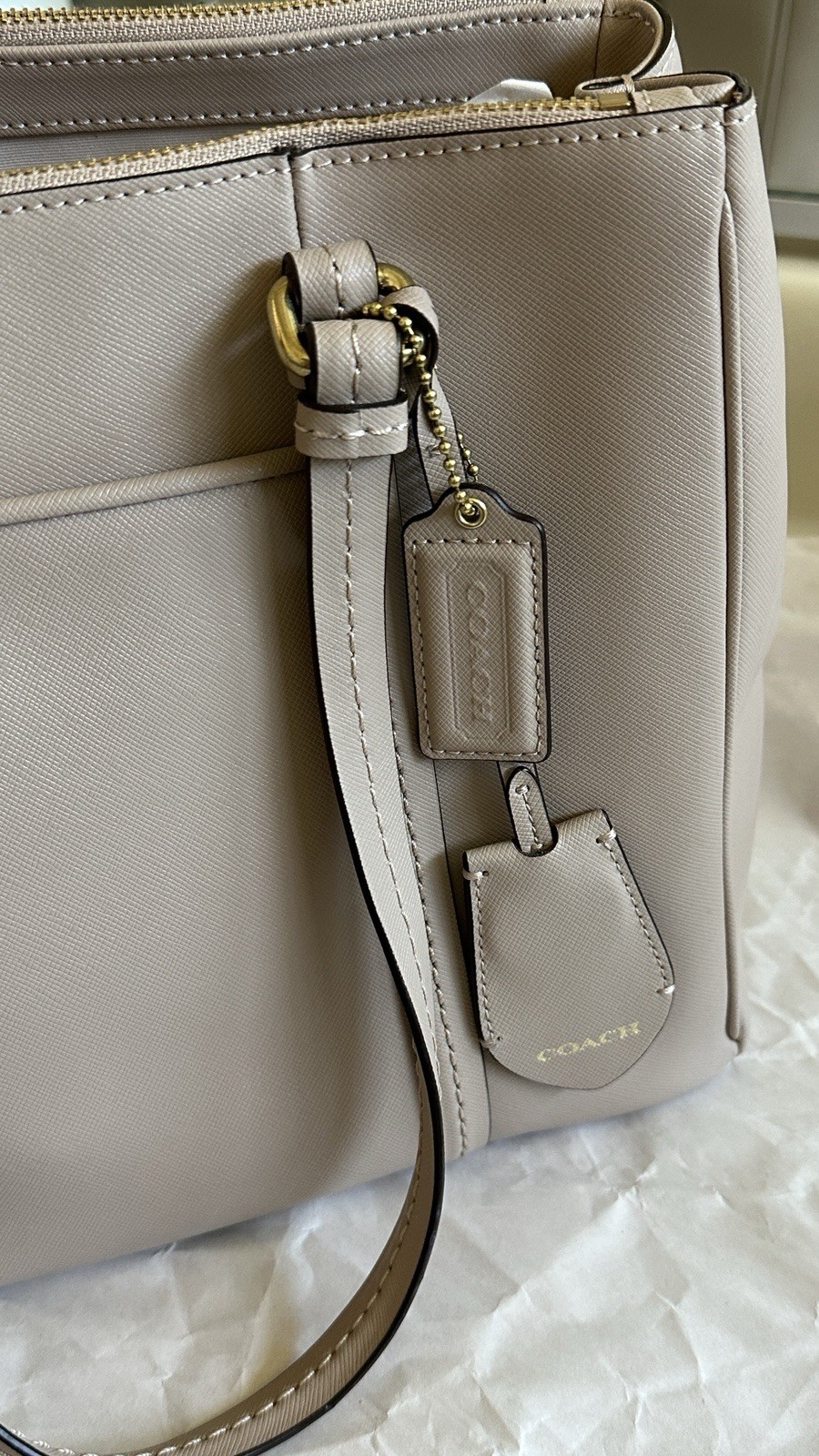 Coach Peyton Leather Jordan Double Zip Carryall Shoulder Bag Beige