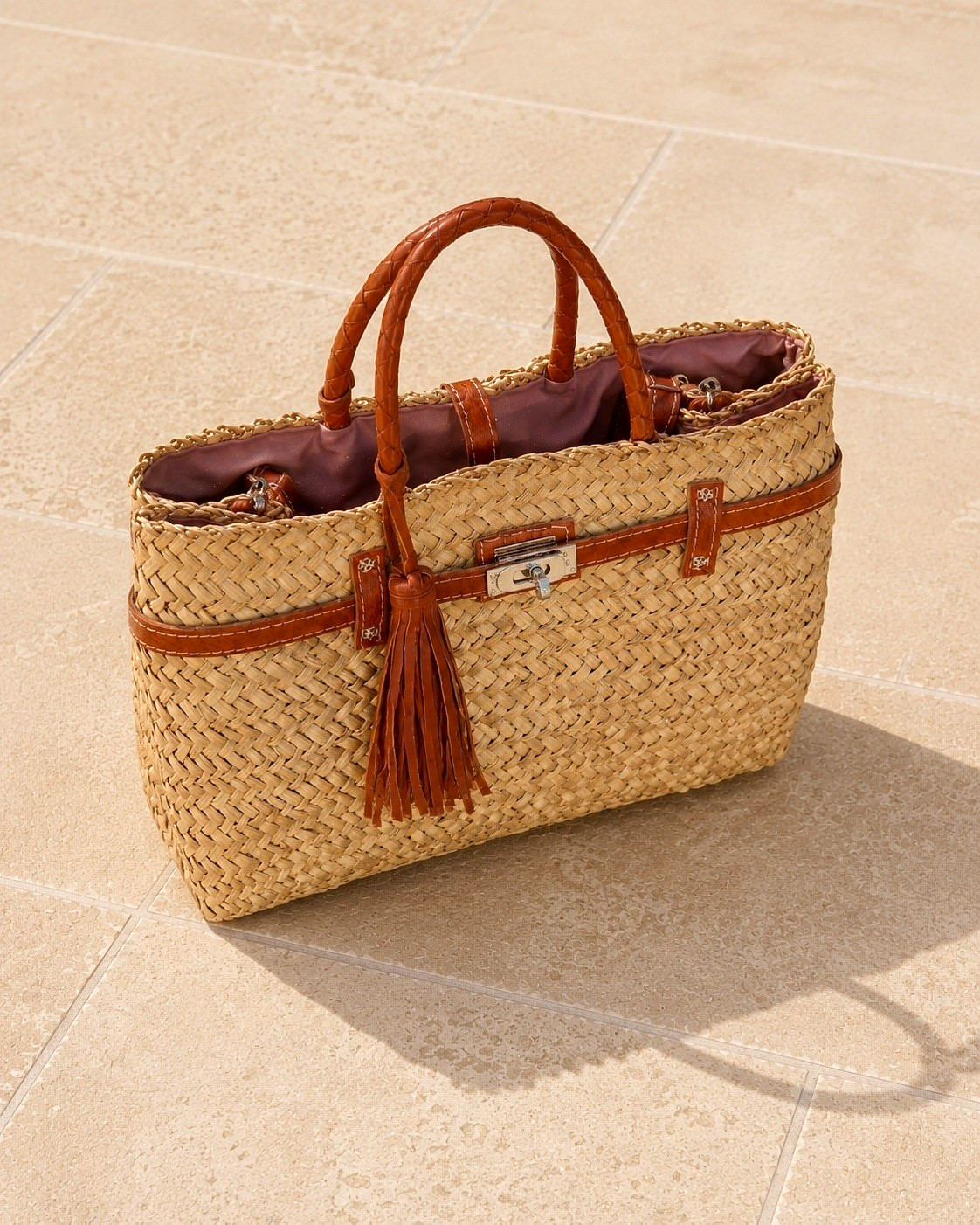 Handwoven Moroccan Straw Tote Bag Leather Handles Boho Beach Market Basket