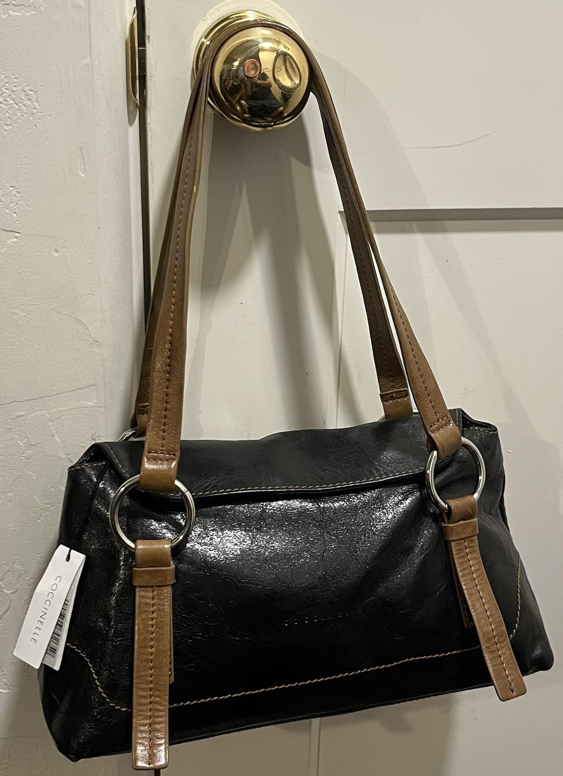 Coccinelle Black Glazed Leather Shoulder Bag Magnetic Closure -NWT