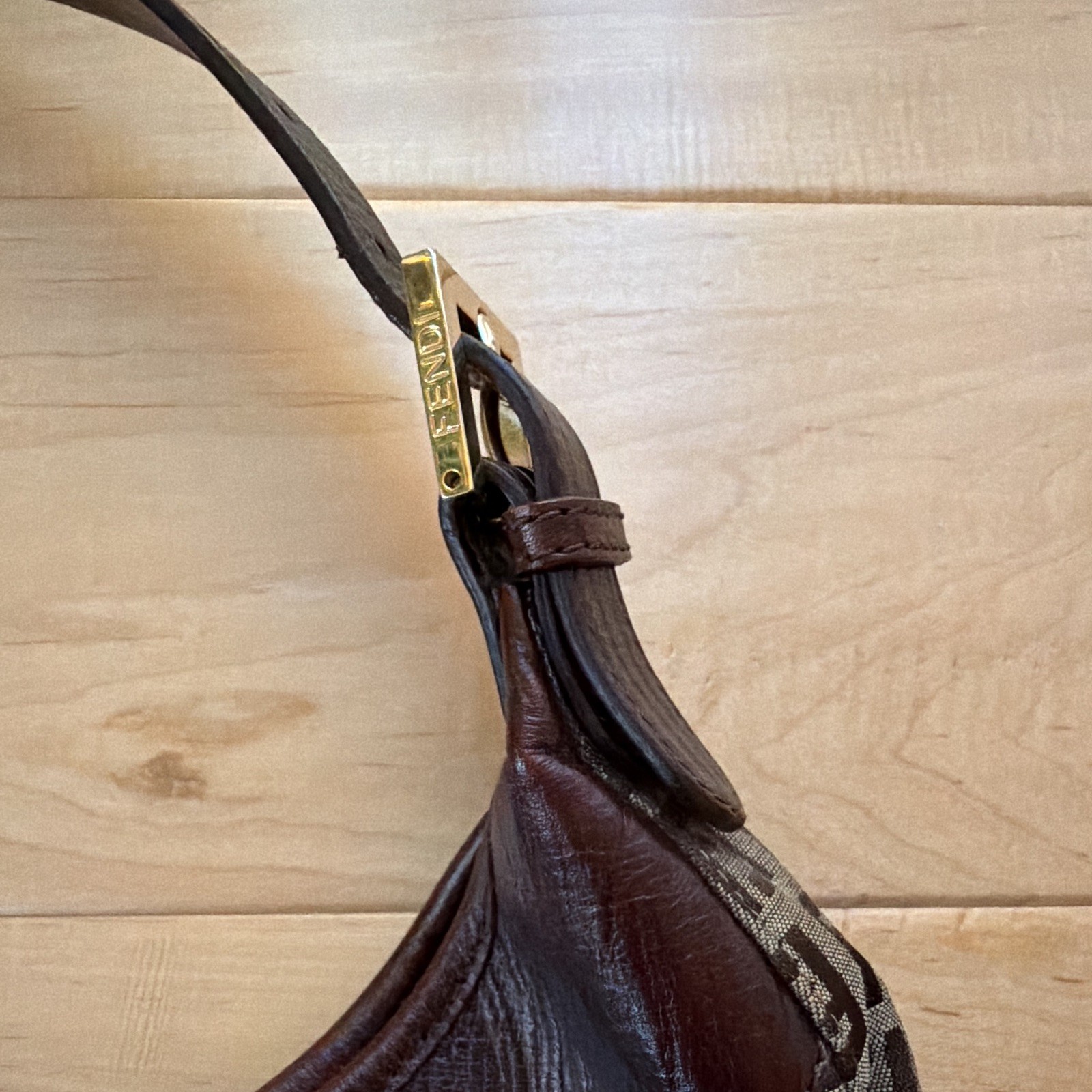 Fendi Brown/Beige Zucca Shoulder Bag, Gold Hardware, Buckle, Adjustable Strap