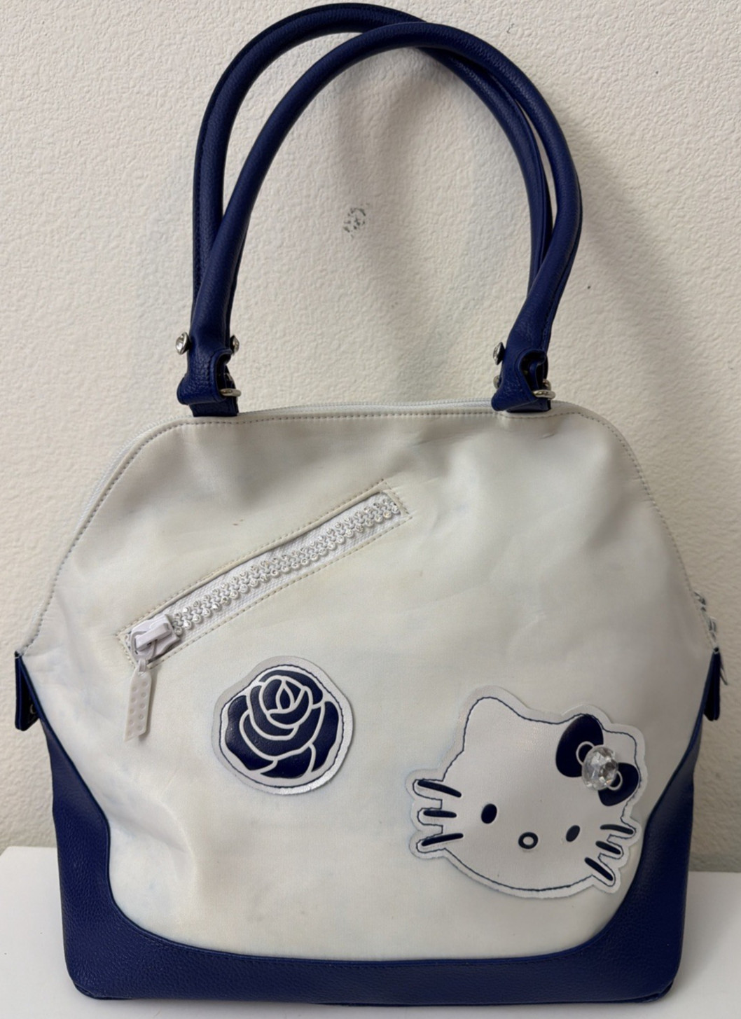 Vintage 2007 Sanrio Hello Kitty Blue White Shoulder Bag Satchel Rhinestone Bow
