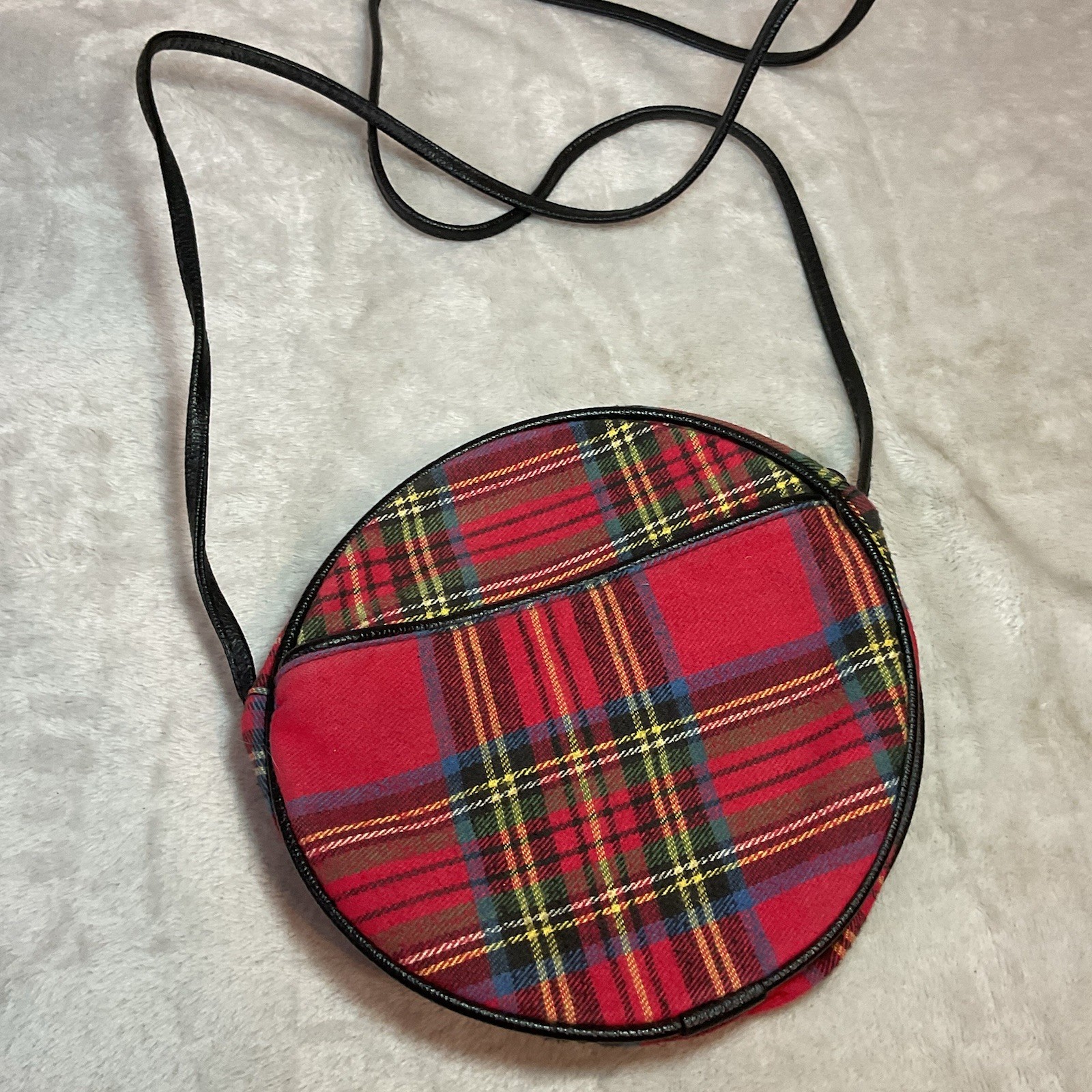 Vintage Mitzi Crossbody Purse Round Tartan Plaid Red Black Retro 60s Style 7 in