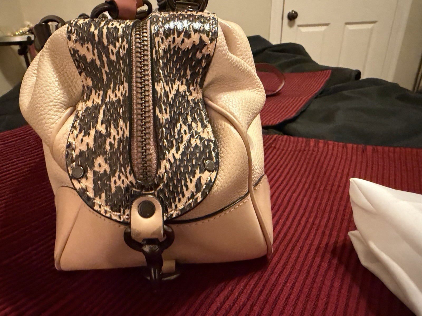 Coach Beige Pebbled Satchel Top Handle Animal Print Zip Lined Detachable Strap