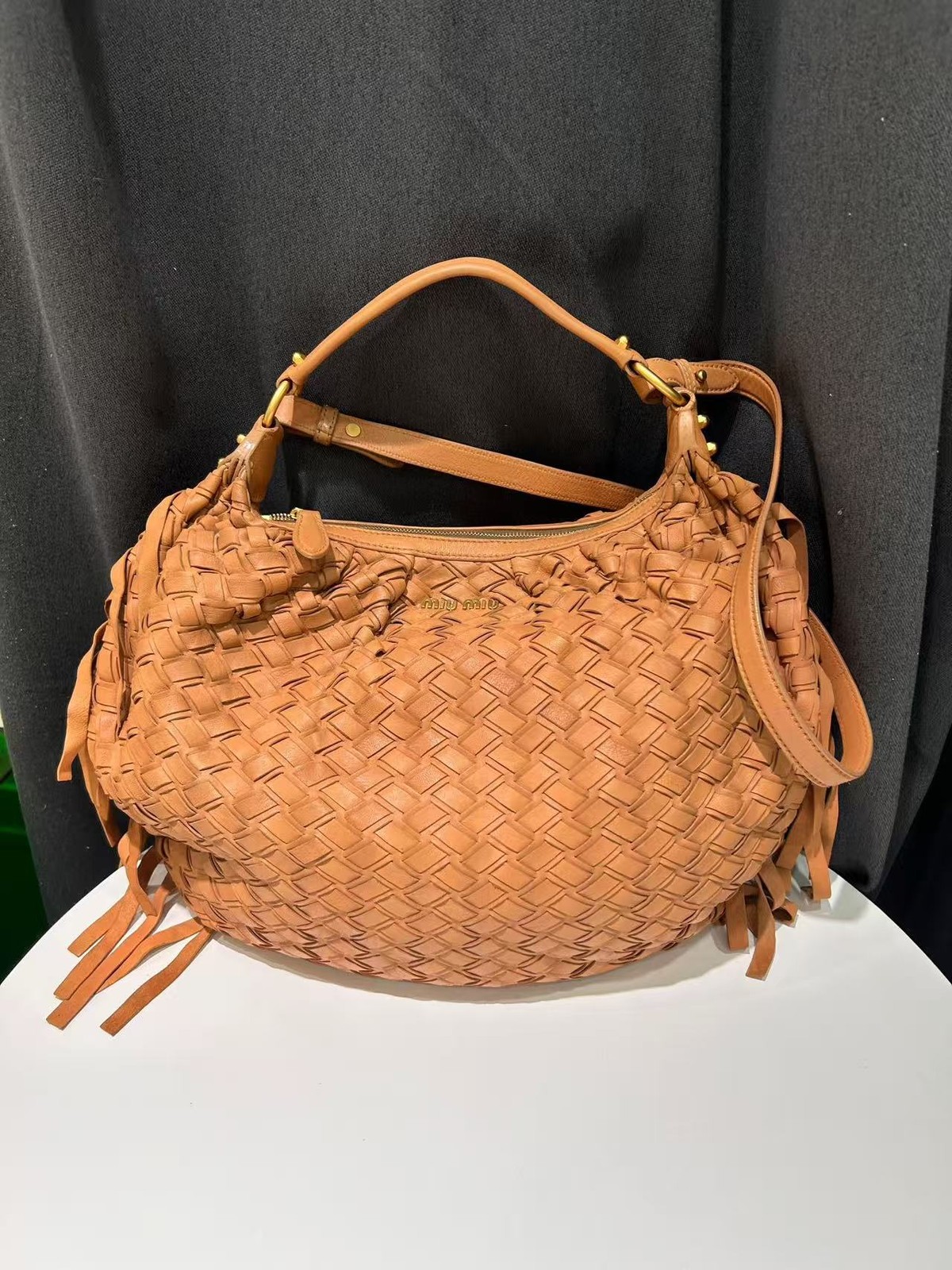 Authentic Miu Miu Woven Tassel Caramel Brown Lambskin Handbag Italy