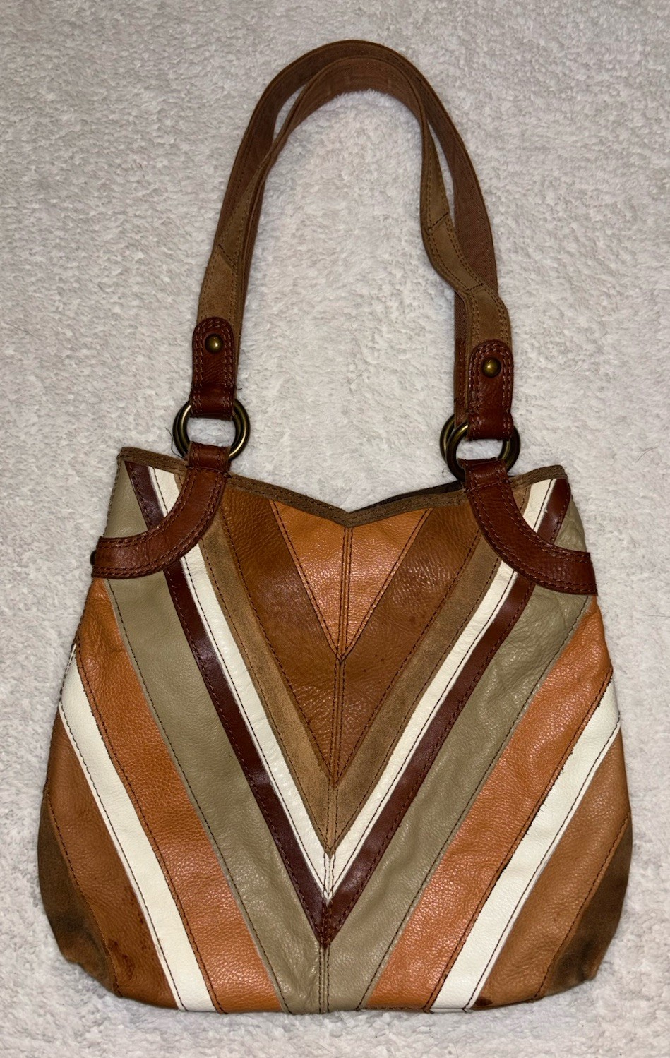 Vtg Lucky Brand Patchwork Leather Tan Brown Chevron Striped Shoulder Bag Hippie