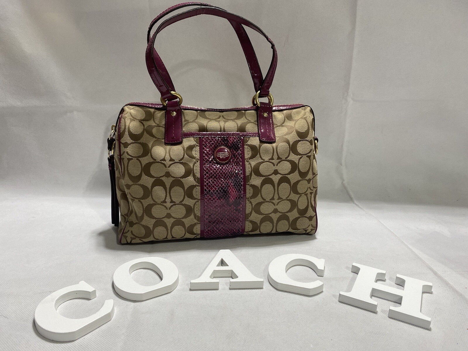 Coach Nancy Satchel Khaki Signature Jacquard & Vertical Python Stripe
