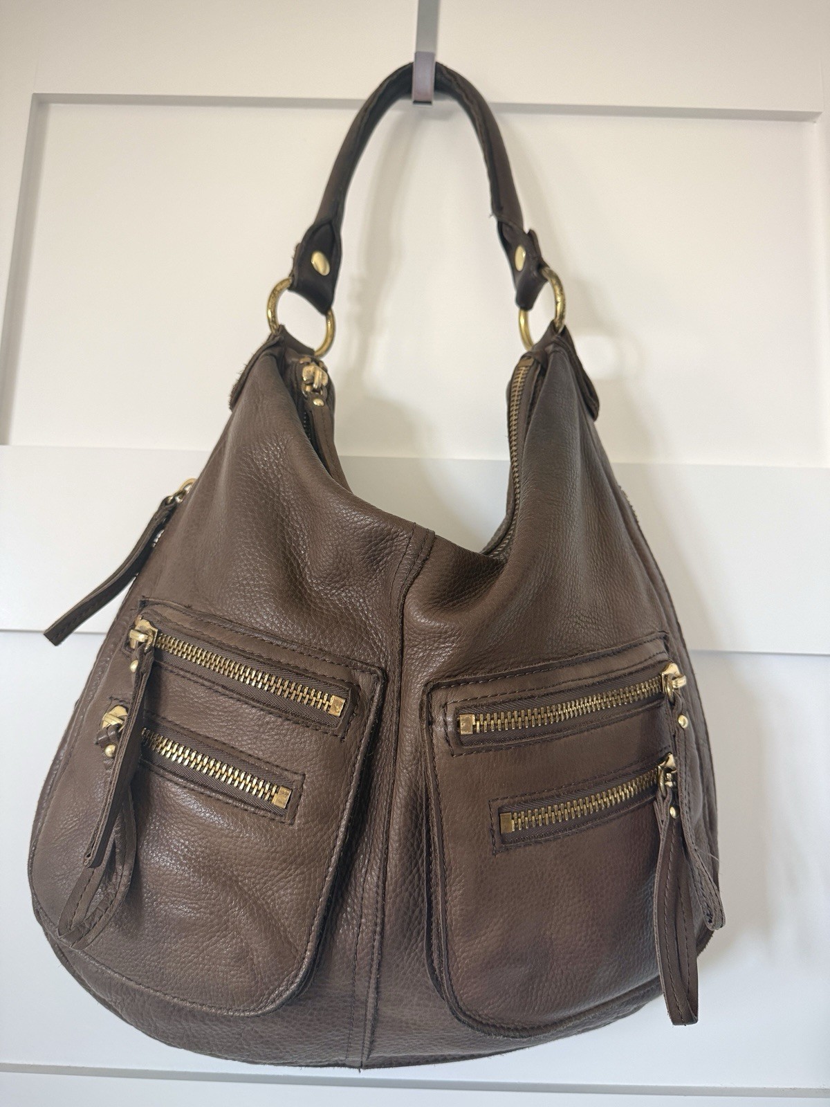 Linea Pelle Dylan Brown Pebbled Leather Hobo Moto Shoulder Bag Large Zip Pockets
