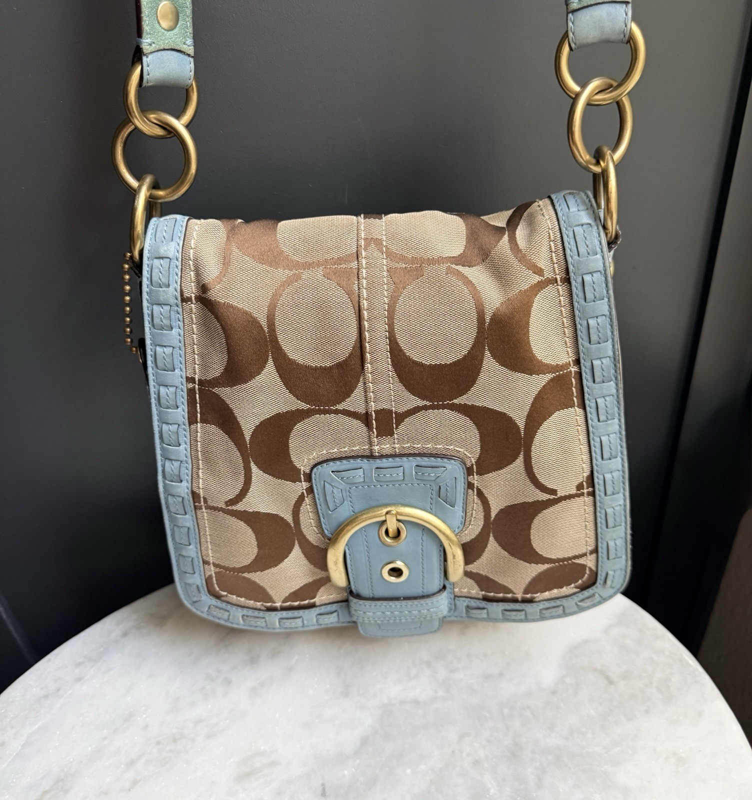 Coach Soho Signature Buckle Flap Shoulder Bag Khaki & Blue 11890 Y2K