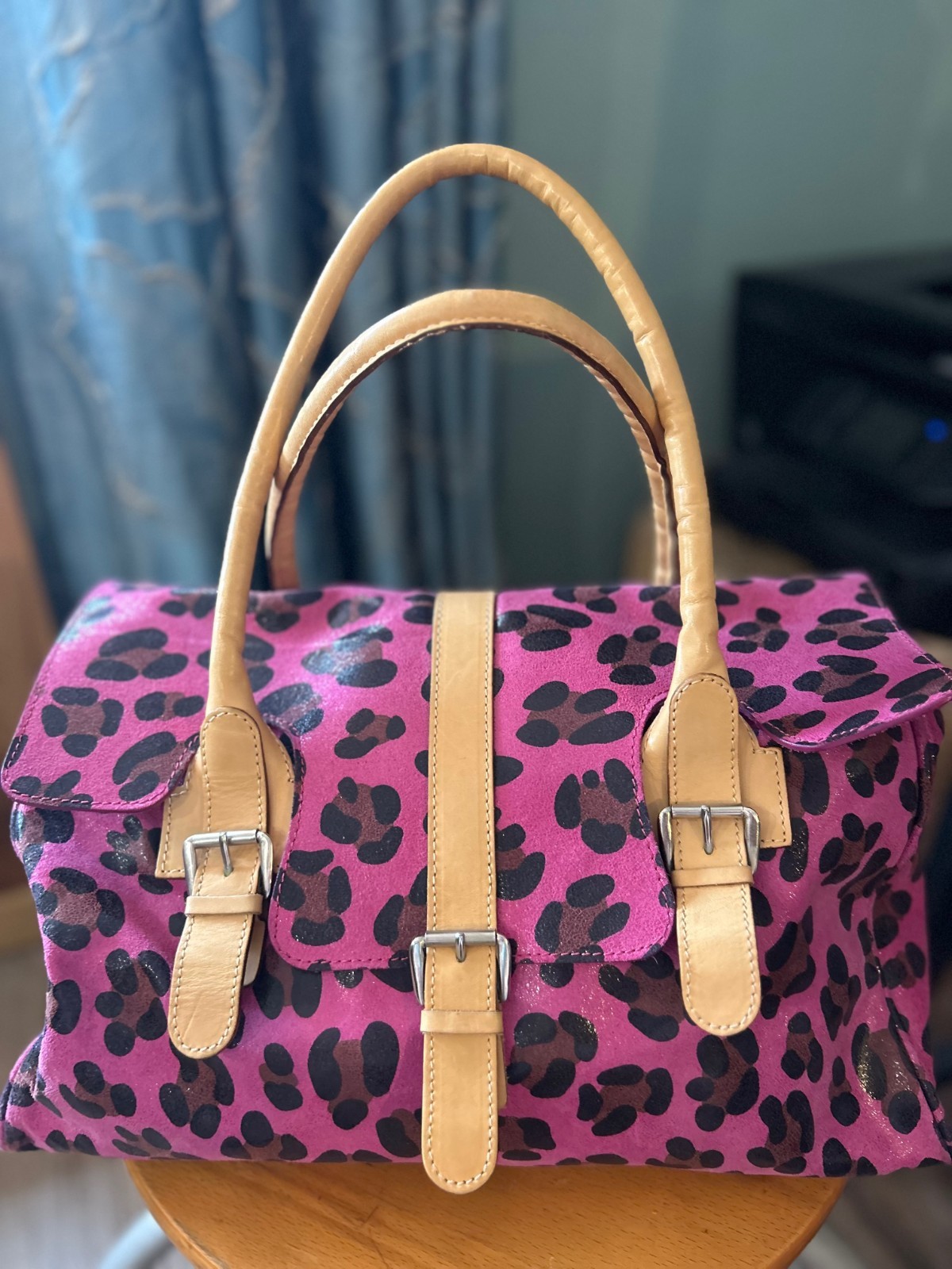 Maurizio Taiuti Leopard Leather Handbag Made in Italy Satchel Style 16x10x5 New