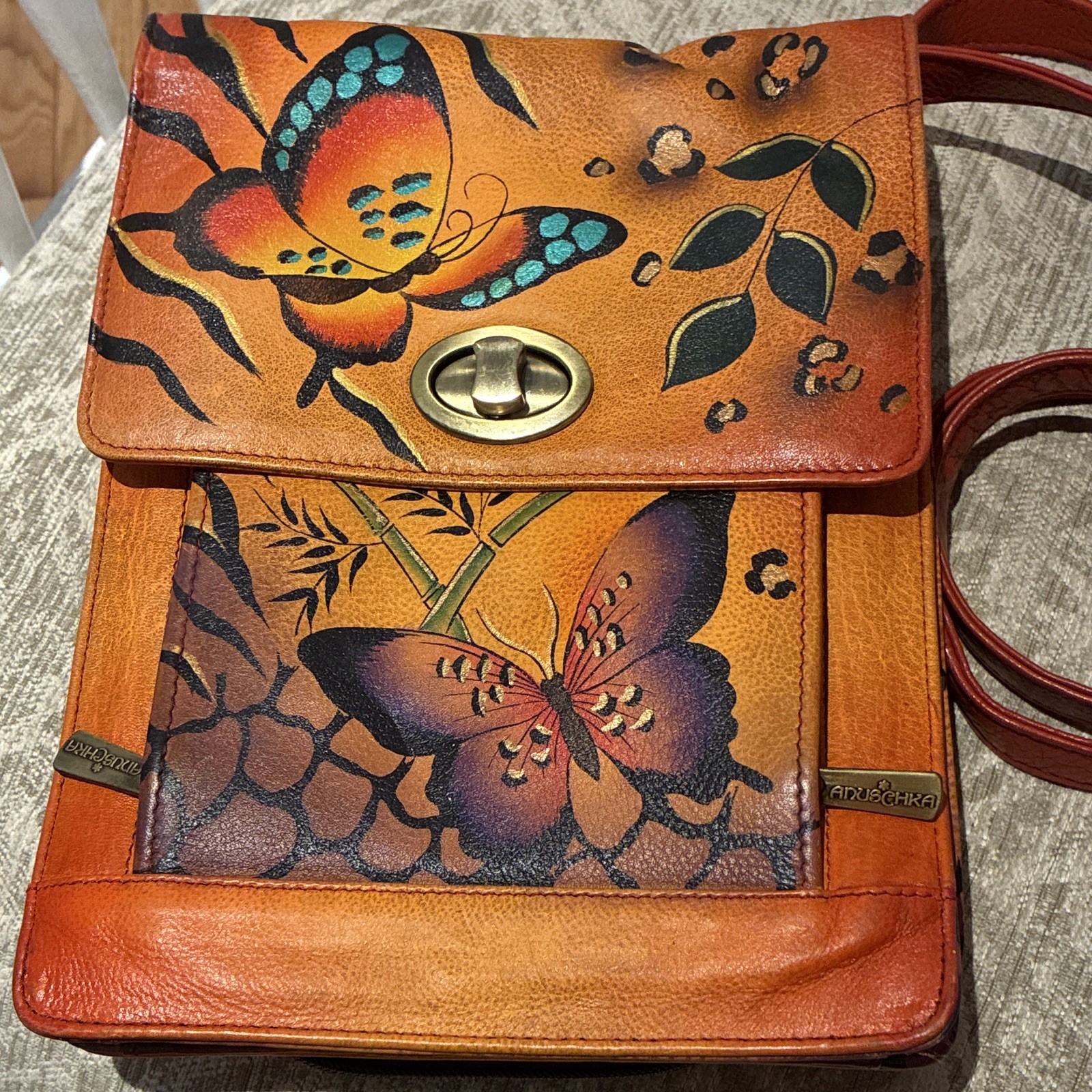 Women’s Orange Multicolor Butterfly Crossbody Bag Flap Turn Lock Gold Hardware