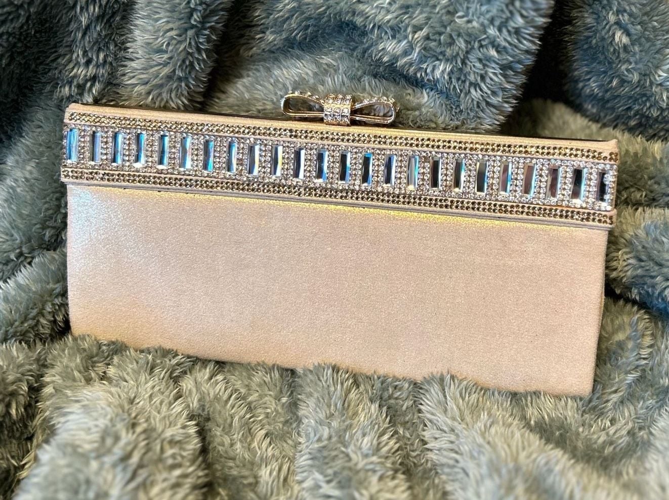 Lulu Townsend Champagne Satin Crystal Embellished Evening Clutch with Bow Clasp