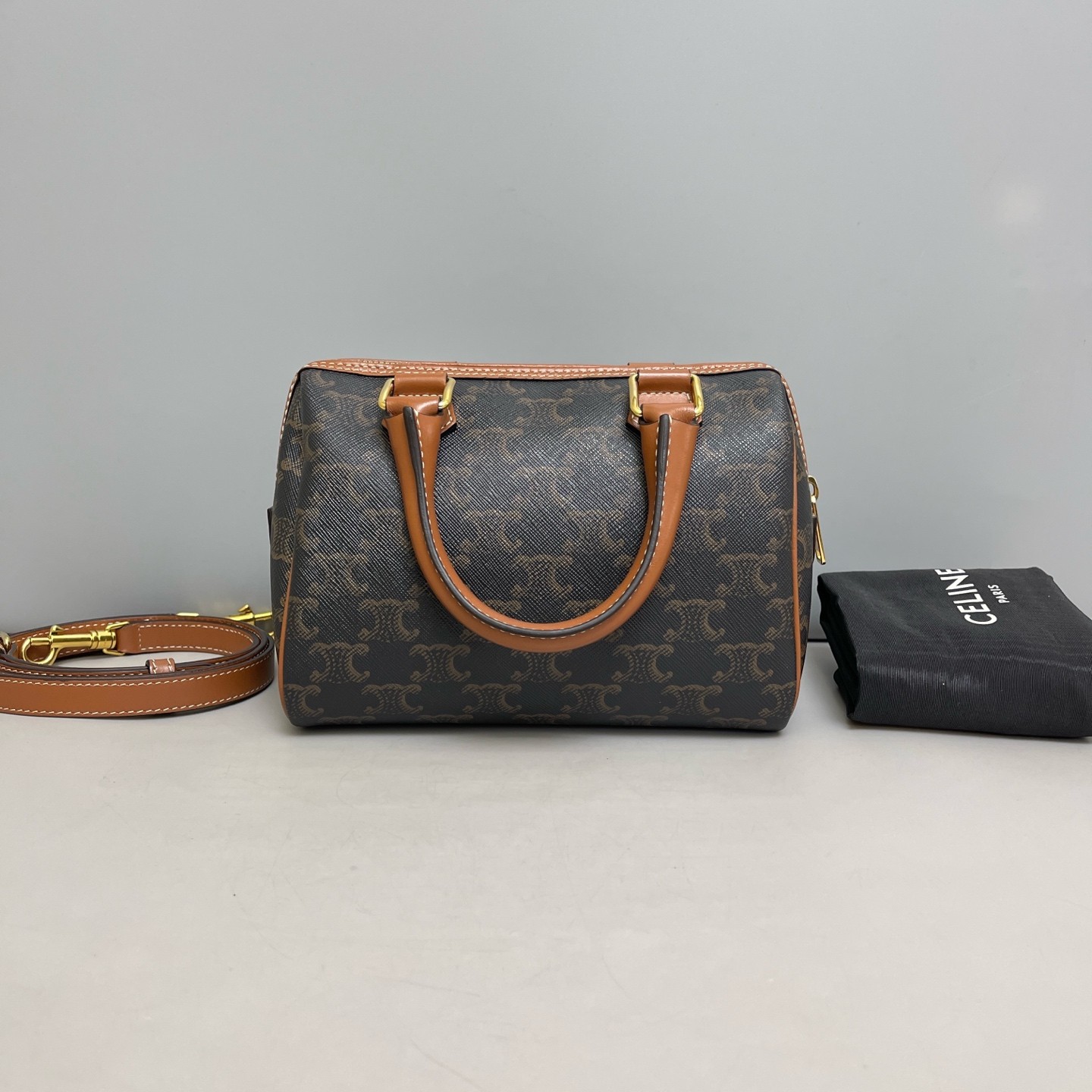Celine Triomphe Small Boston Bag Brown Black Triomphe (kc071226d5r)