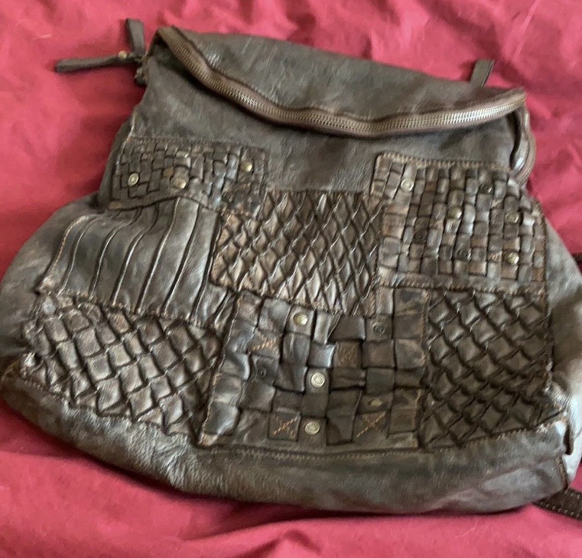 Brown Woven Distressed Studded Shoulder Bag Zip Closure Inner/Outer Pockets