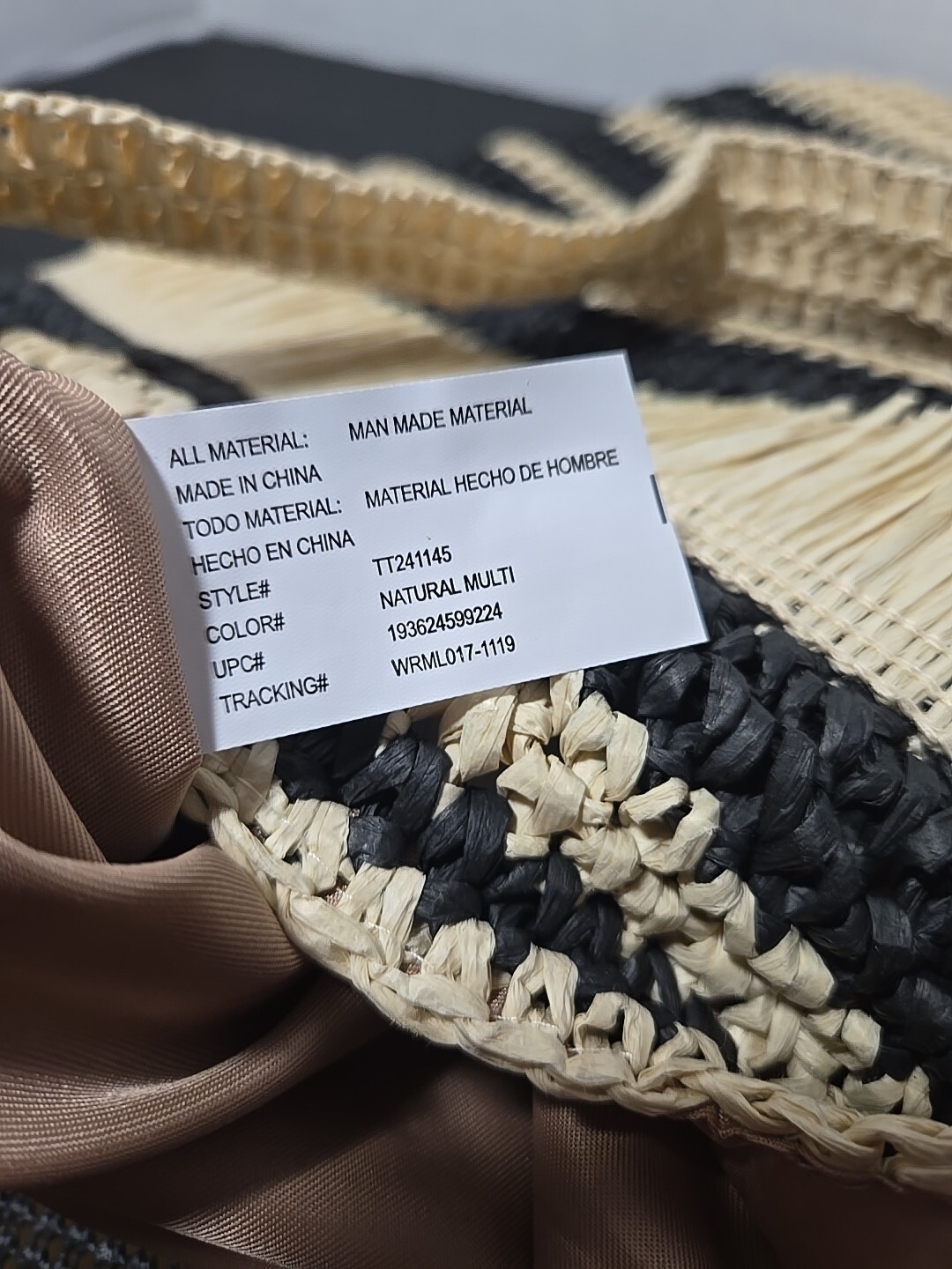 Woven Stripe Straw Tote Bag with Fringe Natural/Black Stripe 16 x 16