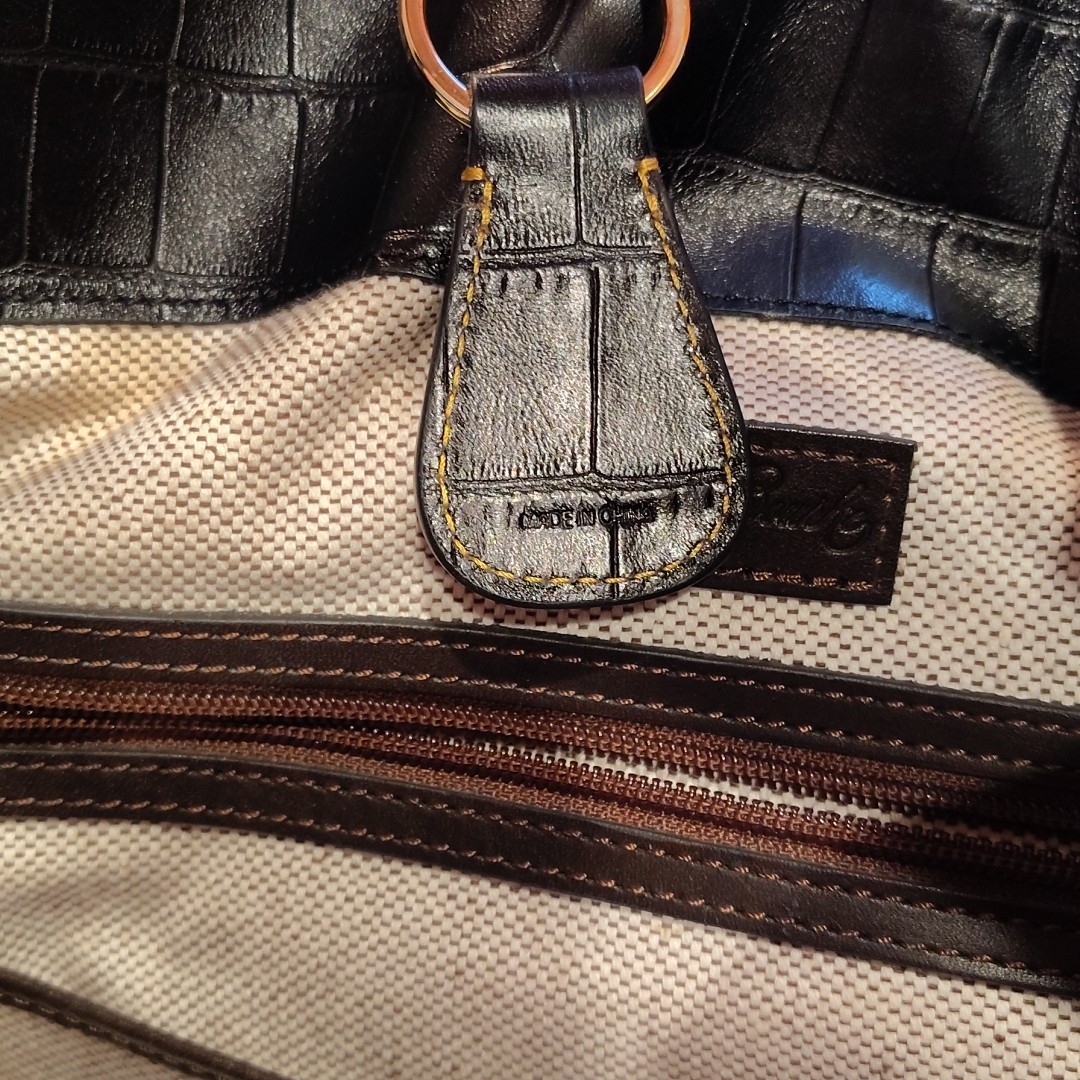 Dooney & Bourke Black With Brown Trim Croc Embossed Leather Logo Lock Hobo Bag