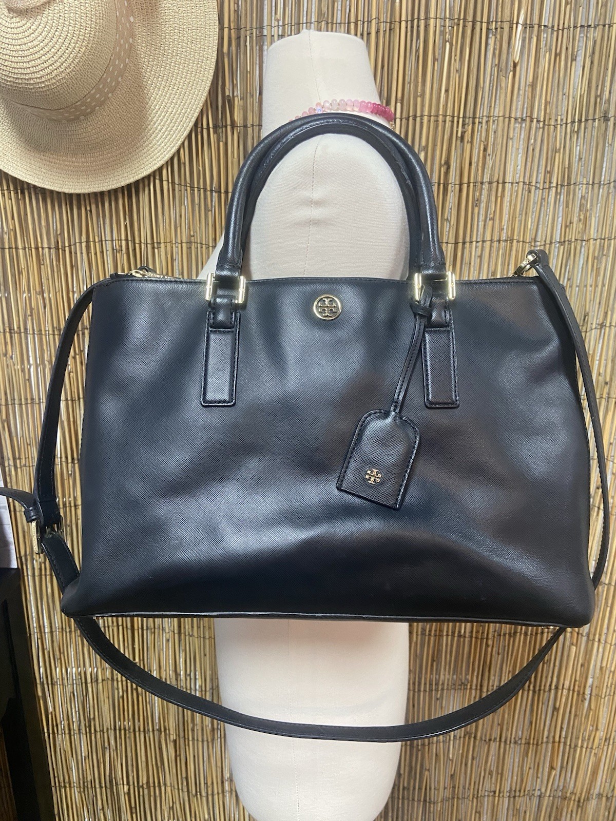 Tory Burch black saffiano leather tote bag large satchel gold hardware