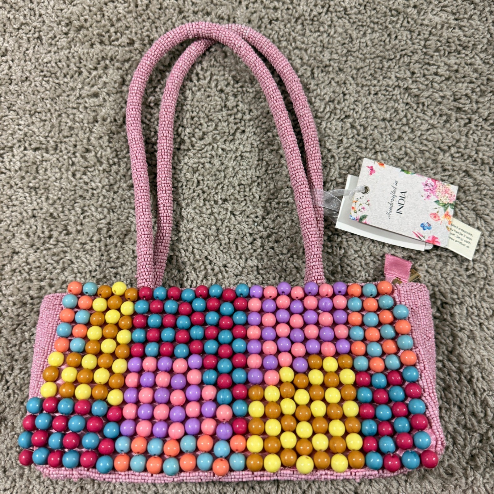 Handcrafted India Beaded Handbag Women OS Pink Multi NEW Colorblock Baguette