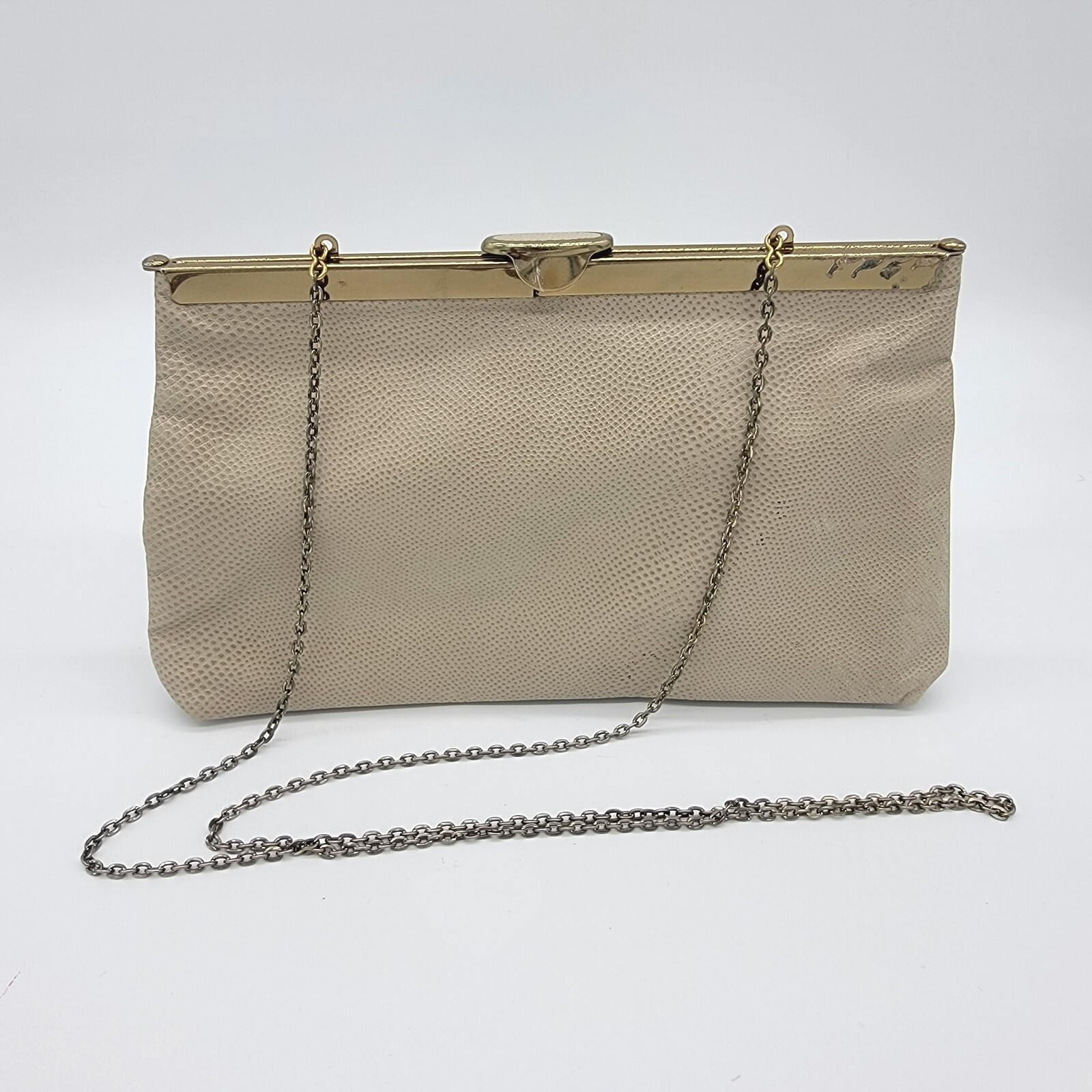 Vintage Etra Purse Cream Leather Lizard Croco Clutch Evening Bag Chain Handbag
