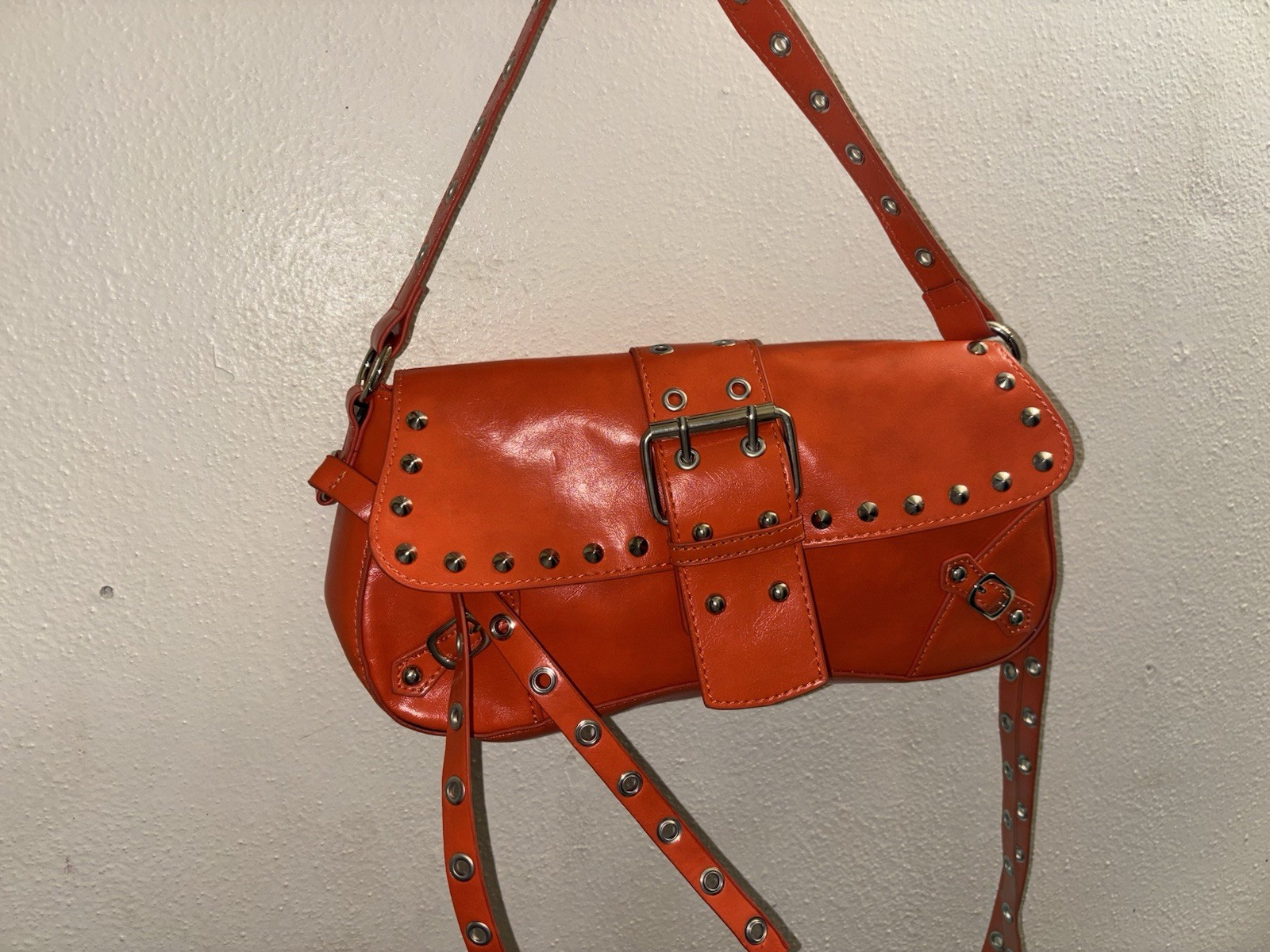 Orange Studded Shoulder Bag Buckle Flap Closure Adjustable Strap Silver